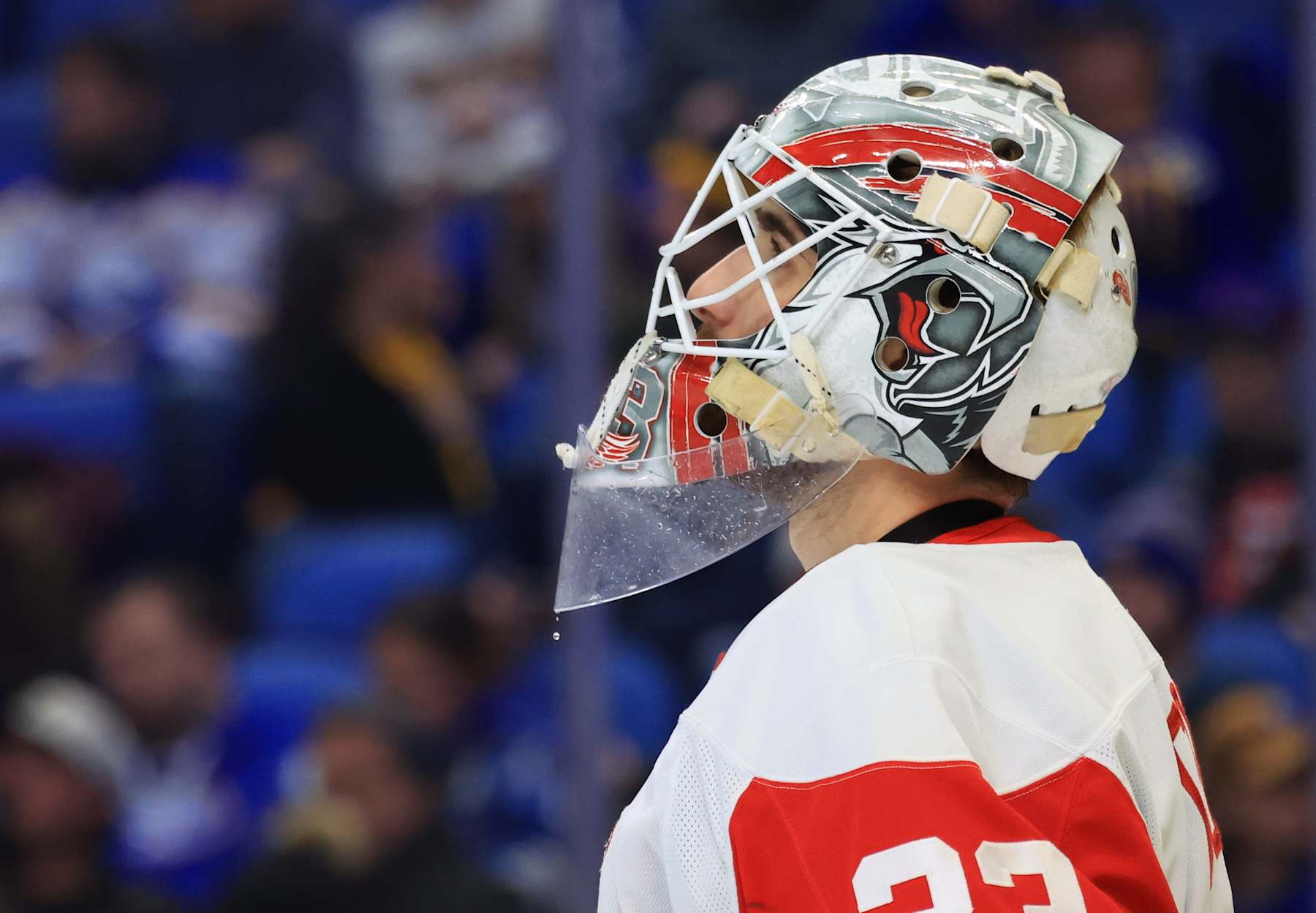 BUFFALO, NEW YORK - DECEMBER 9: Sebastian Cossa #33 of the Detroit Red Wings tends goal during an NHL game against the Buffalo Sabres on December 9, 2024 at KeyBank Center in Buffalo, New York. (Photo by Bill Wippert/NHLI via Getty Images)
