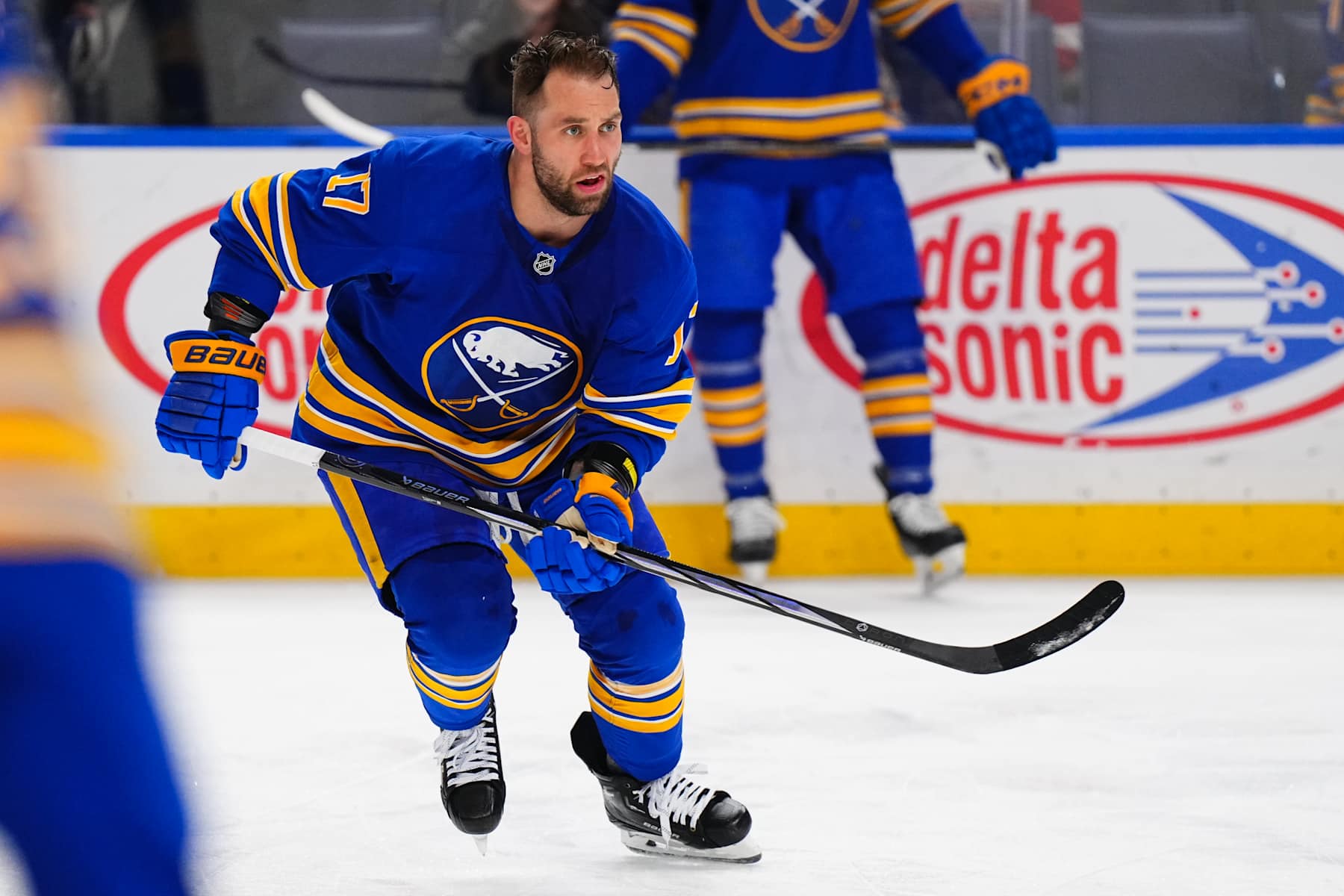 BUFFALO, NEW YORK - DECEMBER 9: Jason Zucker #17 of the Buffalo Sabres skates during warm-up before an NHL game against the Detroit Red Wings on December 9, 2024 at KeyBank Center in Buffalo, New York. (Photo by Chris Conaway Jr./NHLI via Getty Images)