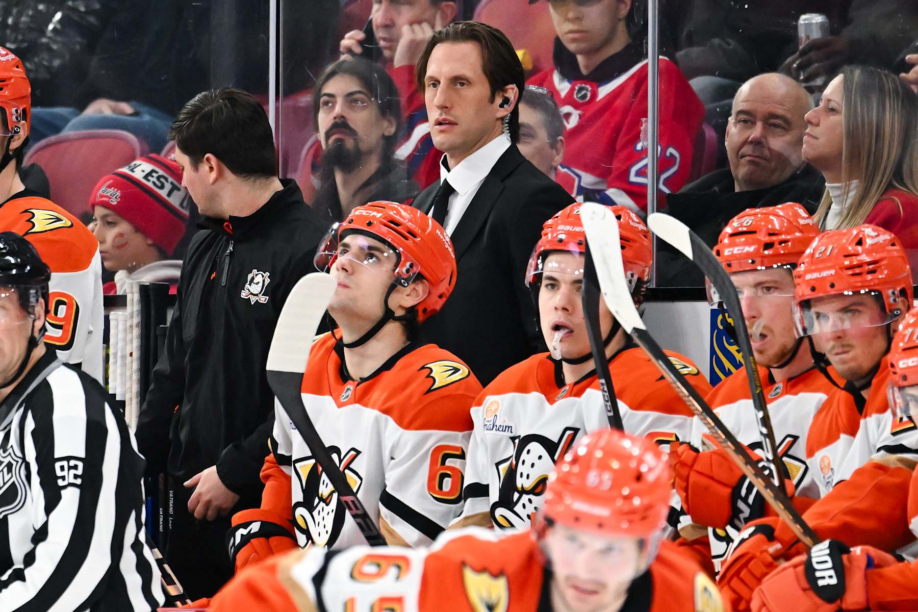 MONTREAL, CANADA - DECEMBER 09: Assistant coach Richard Clune of the Anaheim Ducks handles bench duties during the second period against the Montreal Canadiens at the Bell Centre on December 9, 2024 in Montreal, Quebec, Canada. The Montreal Canadiens defeated the Anaheim Ducks 3-2 in a shootout. (Photo by Minas Panagiotakis/Getty Images)