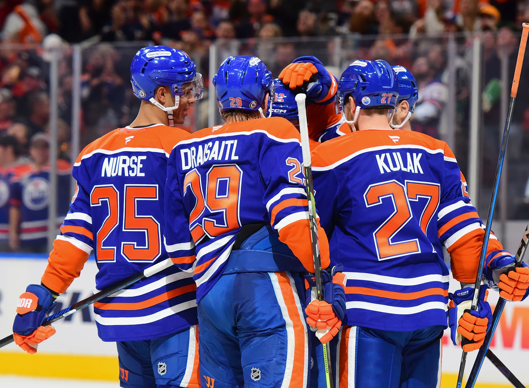 EDMONTON, CANADA - DECEMBER 10: Darnell Nurse #25, Leon Draisaitl #29, Brett Kulak #27, Kasperi Kapanen #42 and Vasily Podkolzin #92 of the Edmonton Oilers celebrate a second-period goal against the Tampa Bay Lightning during the game at Rogers Place on December 10, 2024, in Edmonton, Alberta, Canada. (Photo by Leila Devlin/Getty Images)