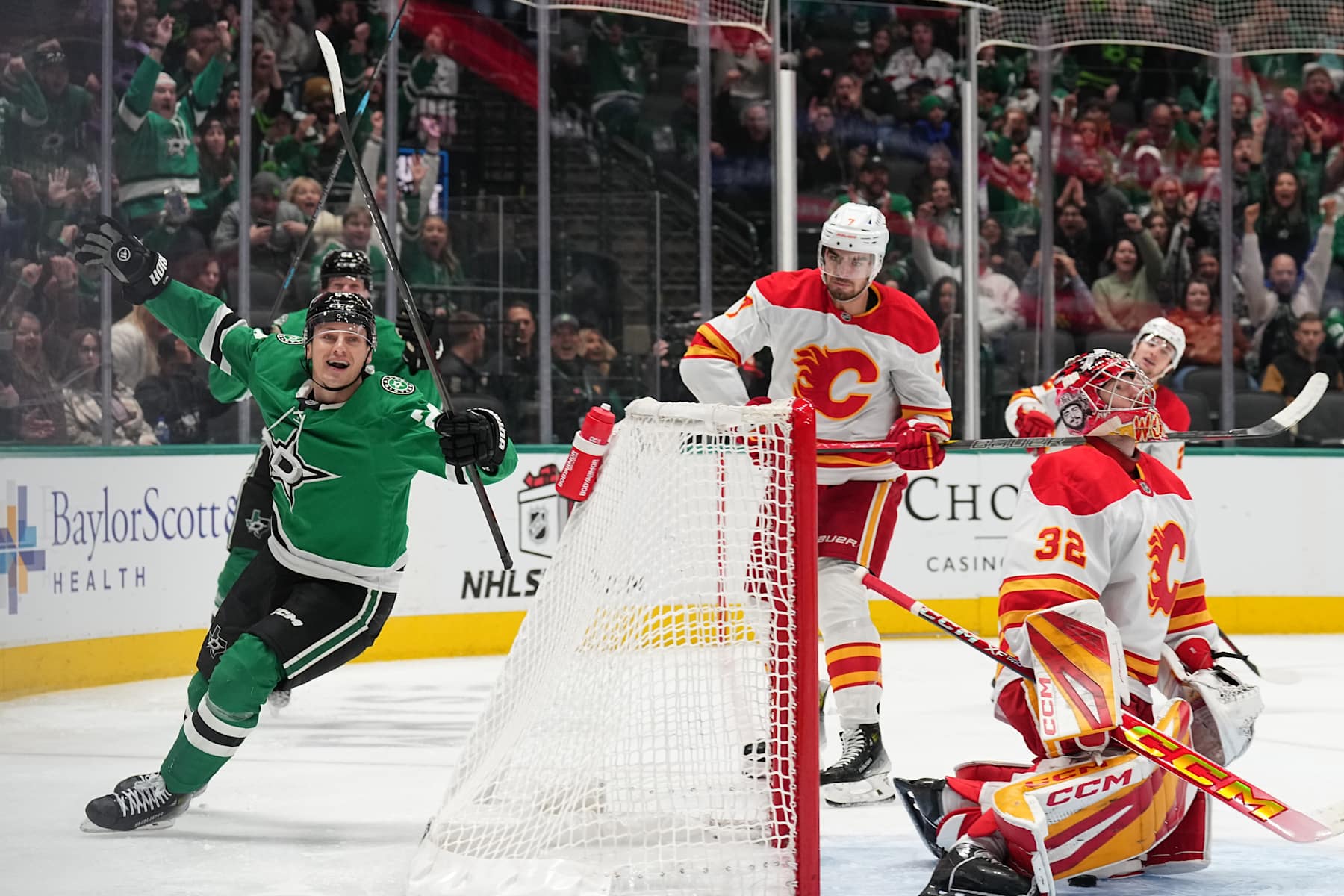 DALLAS, TX - DECEMBER 8: Roope Hintz #24 of the Dallas Stars celebrates a goal against the Calgary Flames at the American Airlines Center on December 8, 2024 in Dallas, Texas. (Photo by Glenn James/NHLI via Getty Images)