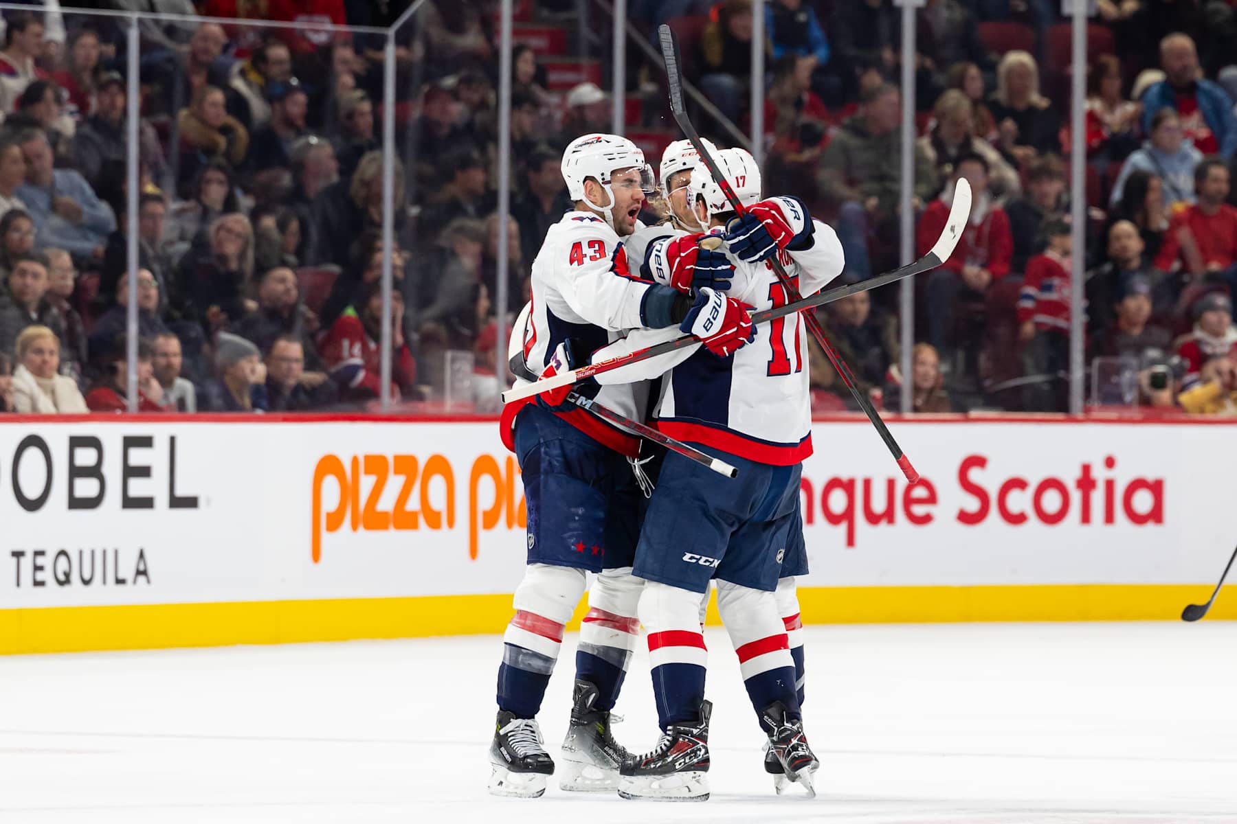 MONTREAL, CANADA- DECEMBER 7: Washington Capitals players celebrate after a goal during the third period of the NHL regular season game against the Montreal Canadiens at the Bell Centre on December 7, 2024 in Montreal, Quebec, Canada. The Washington Capitals defeated the Montreal Canadiens by a score of 4-2. (Photo by Vitor Munhoz/NHLI via Getty Images)