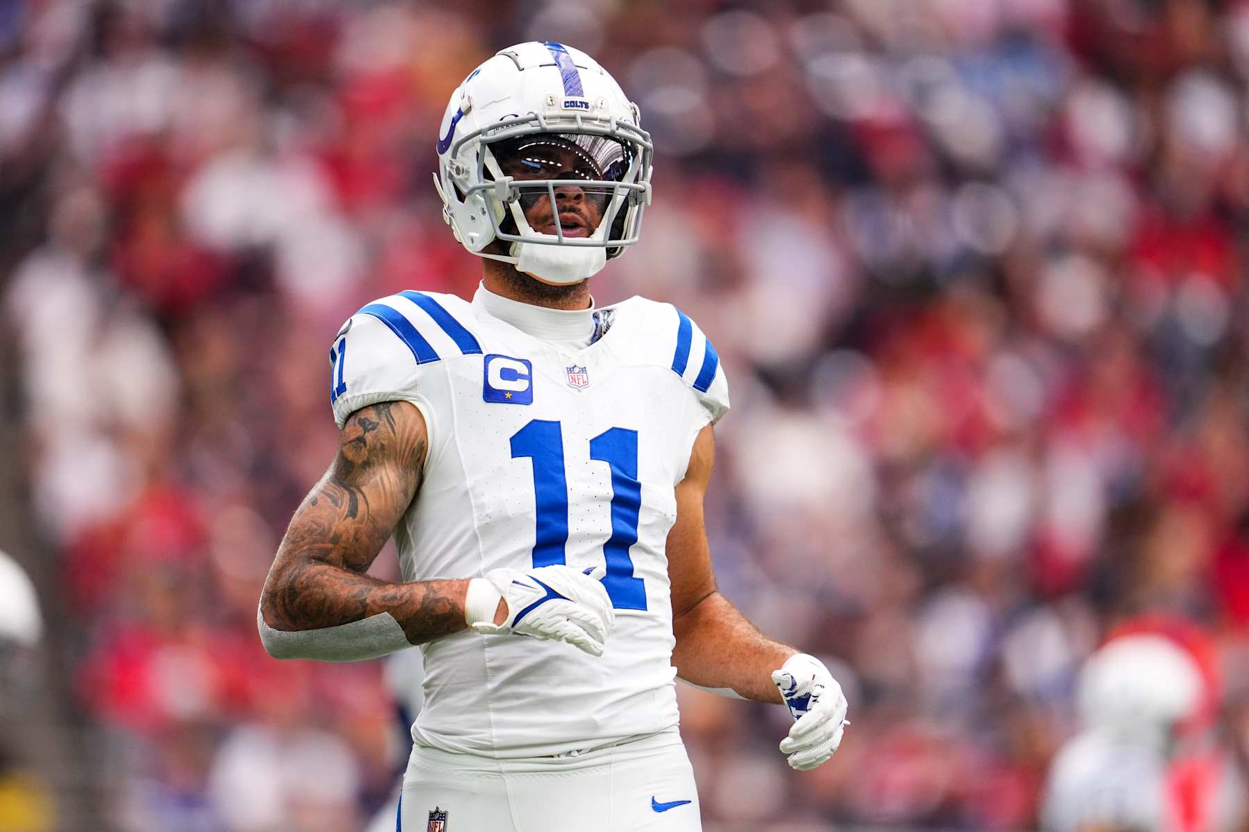 HOUSTON, TX - OCTOBER 27: Michael Pittman Jr. #11 of the Indianapolis Colts looks on from the field during an NFL football game against the Houston Texans at NRG Stadium on October 27, 2024 in Houston, Texas. (Photo by Cooper Neill/Getty Images)