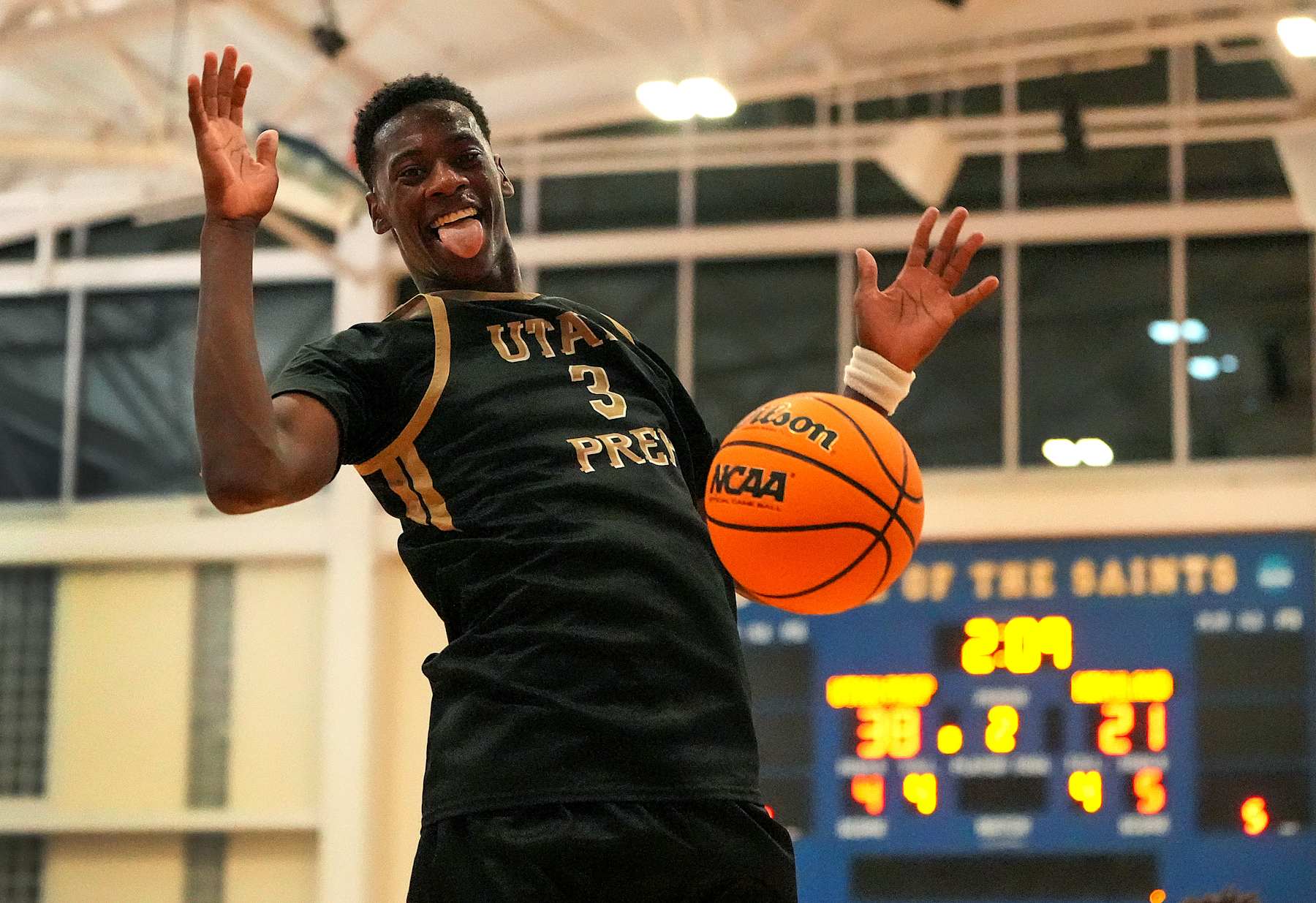Boston, MA - November 6: Utah Prep and Brockton native AJ Dybantsa throws down a dunk against Highland at Emmanuel College's Jean Yawkey Center, Yosinoff Court. (Photo by Barry Chin/The Boston Globe via Getty Images)