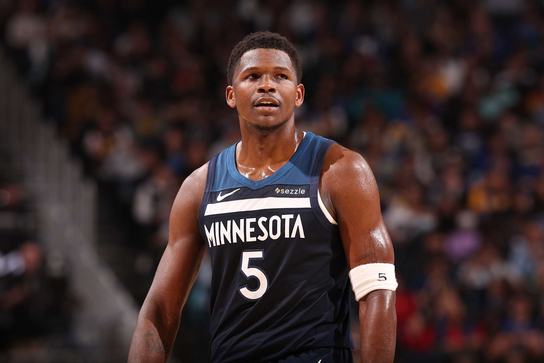 SAN FRANCISCO, CA - DECEMBER 8: Anthony Edwards #5 of the Minnesota Timberwolves looks on during the game against the Golden State Warriors on October 22, 2024 at Chase Center in San Francisco, California. NOTE TO USER: User expressly acknowledges and agrees that, by downloading and or using this photograph, user is consenting to the terms and conditions of Getty Images License Agreement. Mandatory Copyright Notice: Copyright 2024 NBAE (Photo by Jed Jacobsohn/NBAE via Getty Images)
