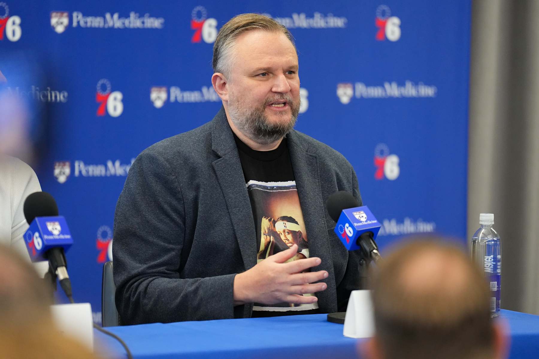 PHILADELPHIA, PA - JULY 23: Daryl Morey talks to the media during Paul George's Philadelphia 76ers introductory press conference on July 23, 2024 at the Wells Fargo Center in Philadelphia, Pennsylvania NOTE TO USER: User expressly acknowledges and agrees that, by downloading and/or using this Photograph, user is consenting to the terms and conditions of the Getty Images License Agreement. Mandatory Copyright Notice: Copyright 2024 NBAE (Photo by Jesse D. Garrabrant/NBAE via Getty Images)