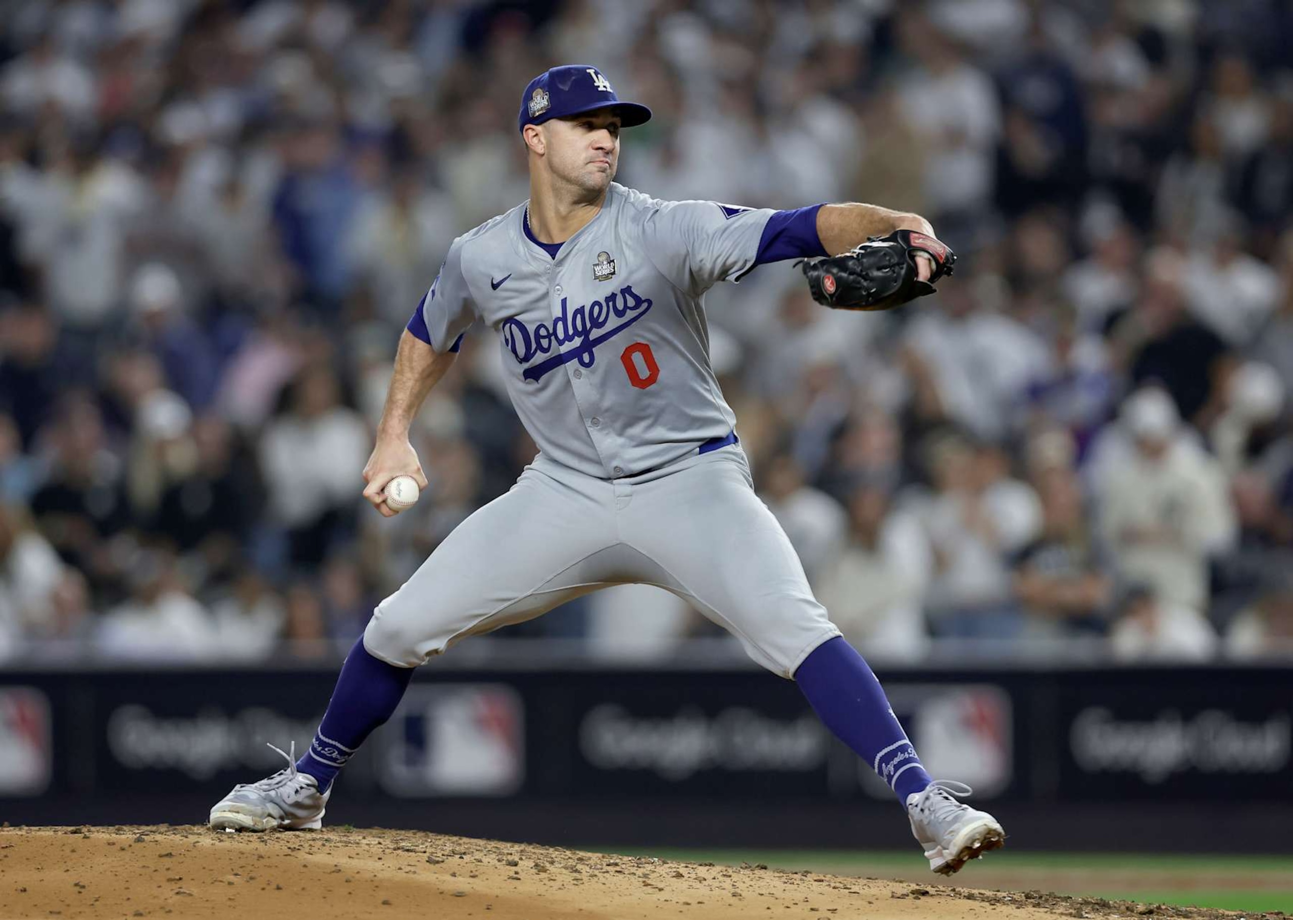 NEW YORK, NEW YORK - OCTOBER 30: (NEW YORK DAILIES OUT)  Jack Flaherty #0 of the Los Angeles Dodgers in action against the New York Yankees during Game Five of the 2024 World Series at Yankee Stadium on October 30, 2024 in New York City. The Dodgers defeated the Yankees 7-6. (Photo by Jim McIsaac/Getty Images)