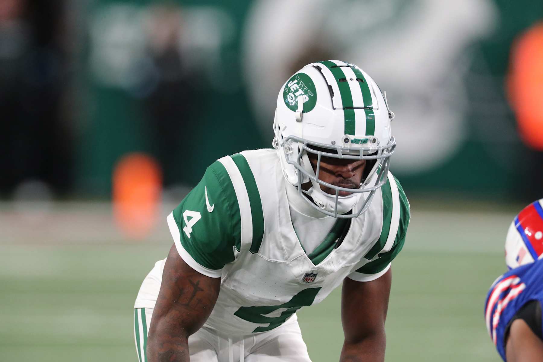 EAST RUTHERFORD, NEW JERSEY - OCTOBER 14: Cornerback D.J. Reed #4 of the New York Jets follows the action in the game between the Buffalo Bills vs the New York Jets at MetLife Stadium on October 14, 2024 in East Rutherford, New Jersey. (Photo by Al Pereira/Getty Images)