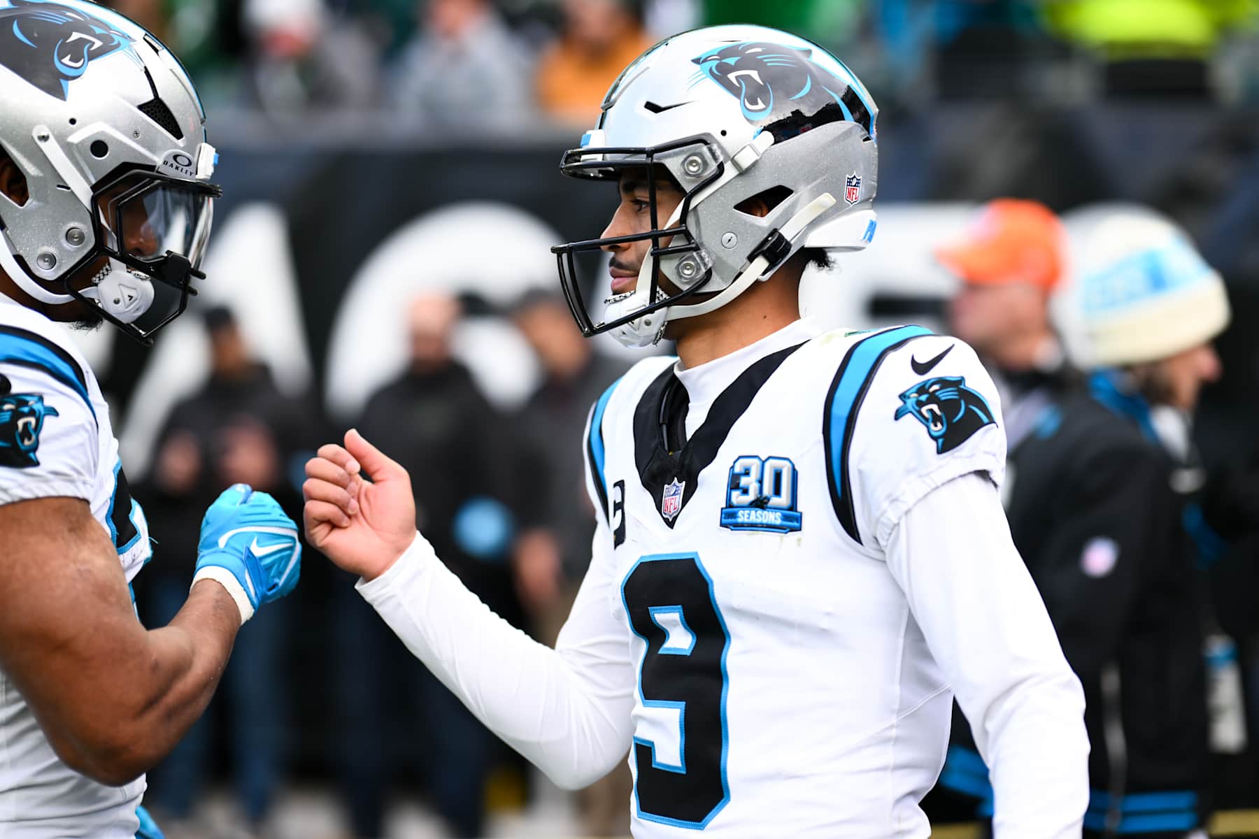 PHILADELPHIA, PA - DECEMBER 08: Carolina Panthers quarterback Bryce Young (9) leaves the field after the first half during the game between the Carolina Panthers and Philadelphia Eagles on December 08, 2024 at Lincoln Financial Field in Philadelphia, PA. (Photo by Kyle Ross/Icon Sportswire via Getty Images)