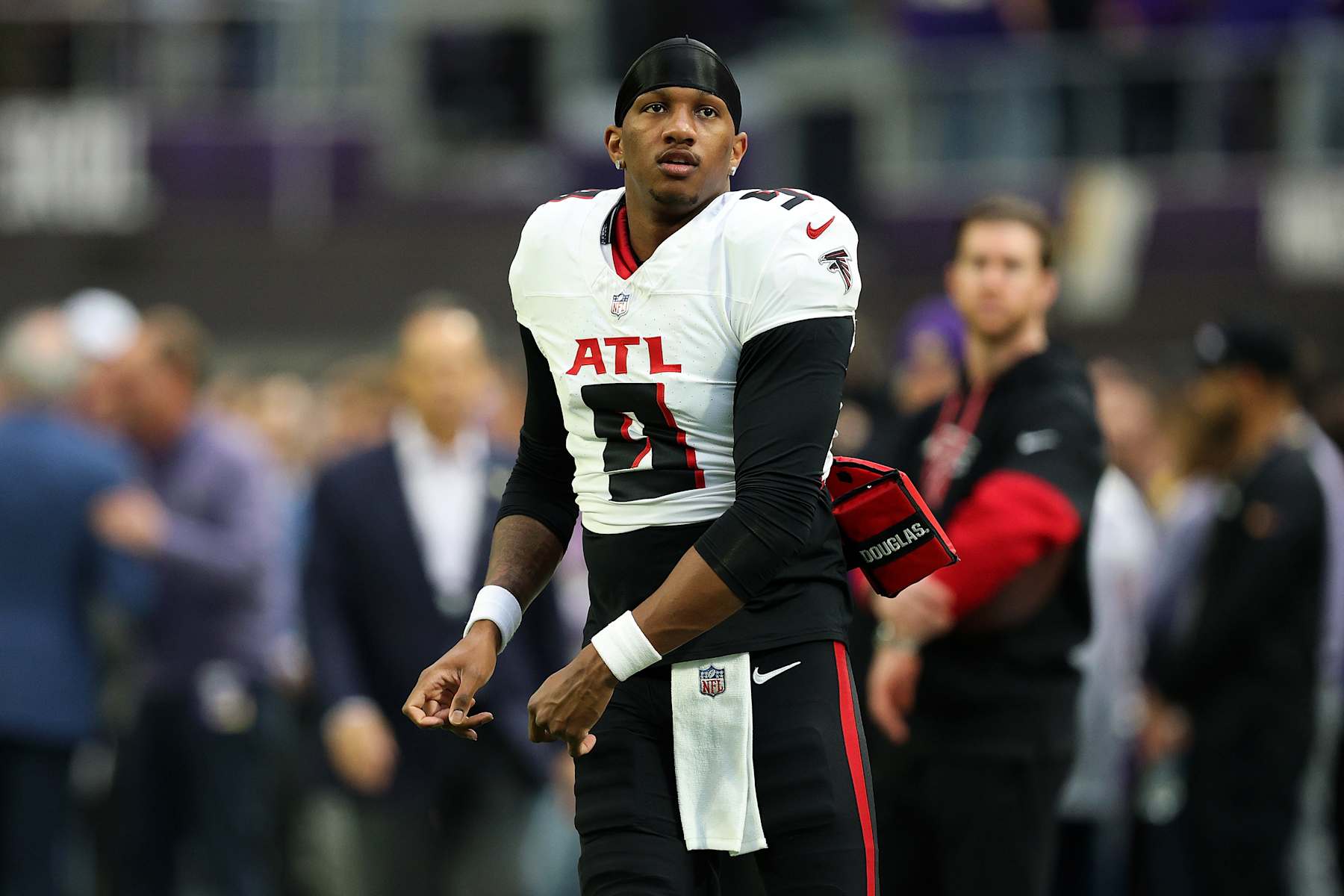 MINNEAPOLIS, MINNESOTA - DECEMBER 08: Michael Penix Jr. #9 of the Atlanta Falcons looks on prior to the start of the game against the Minnesota Vikings at U.S. Bank Stadium on December 08, 2024 in Minneapolis, Minnesota. The Vikings defeated the Falcons 42-21. (Photo by David Berding/Getty Images)