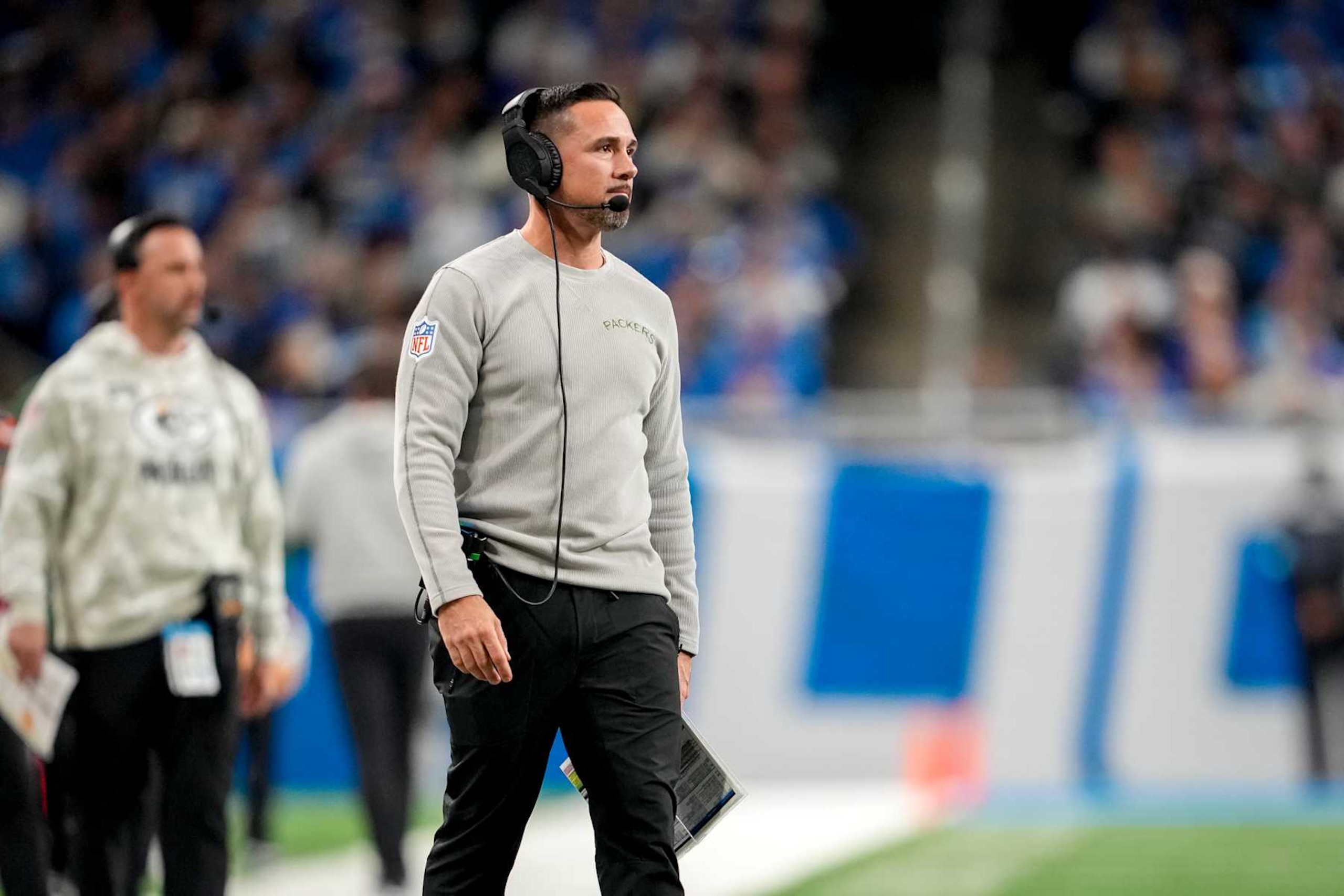 DETROIT, MICHIGAN - DECEMBER 05:  Head coach Matt LaFleur of the Green Bay Packers looks on against the Detroit Lions at Ford Field on December 05, 2024 in Detroit, Michigan. (Photo by Nic Antaya/Getty Images)