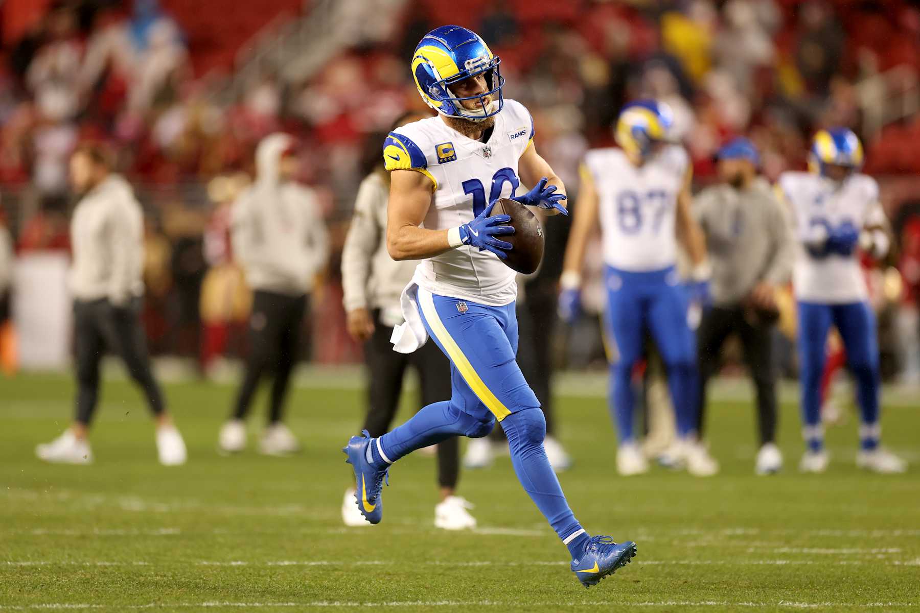 SANTA CLARA, CALIFORNIA - DECEMBER 12: Cooper Kupp #10 of the Los Angeles Rams warms up prior to the game against the San Francisco 49ers at Levi's Stadium on December 12, 2024 in Santa Clara, California. (Photo by Ezra Shaw/Getty Images)