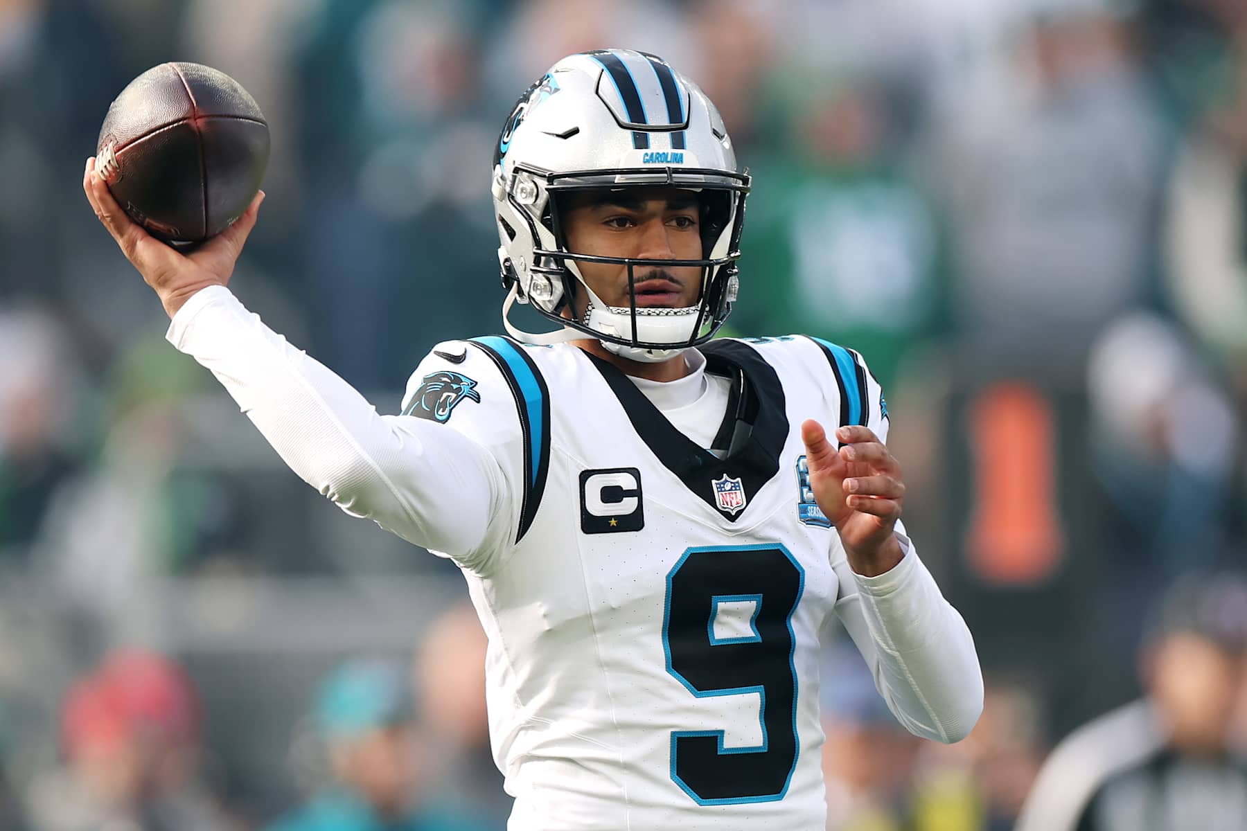 PHILADELPHIA, PENNSYLVANIA - DECEMBER 08: Bryce Young #9 of the Carolina Panthers throws a pass during a game against the Philadelphia Eagles at Lincoln Financial Field on December 08, 2024 in Philadelphia, Pennsylvania. (Photo by Emilee Chinn/Getty Images)
