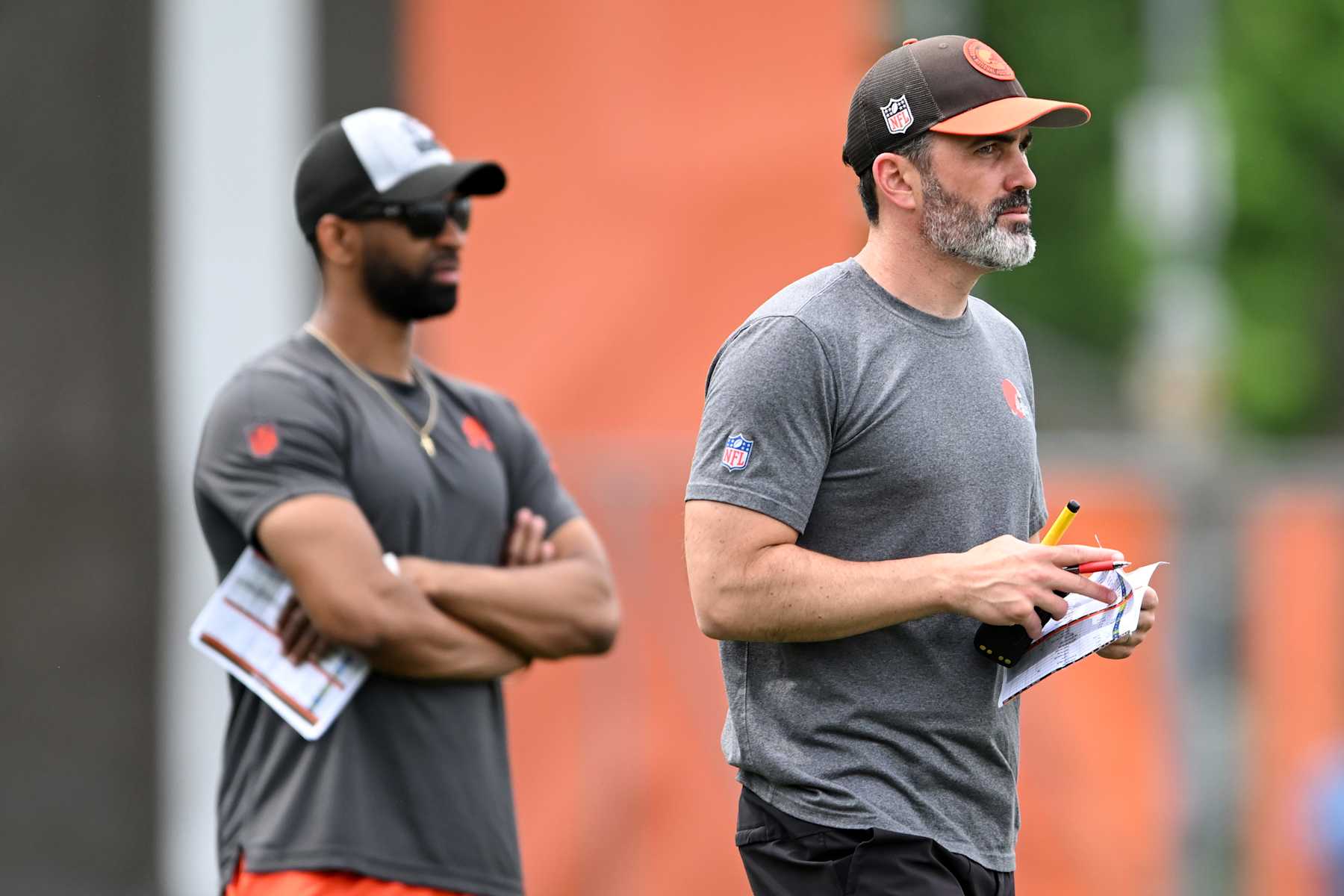 BEREA, OHIO - MAY 22: Executive vice president, football operations & general manager Andrew Berry and head coach Kevin Stefanski of the Cleveland Browns watch a drill during an OTA offseason workout at their CrossCountry Mortgage Campus on May 22, 2024 in Berea, Ohio. (Photo by Nick Cammett/Getty Images)