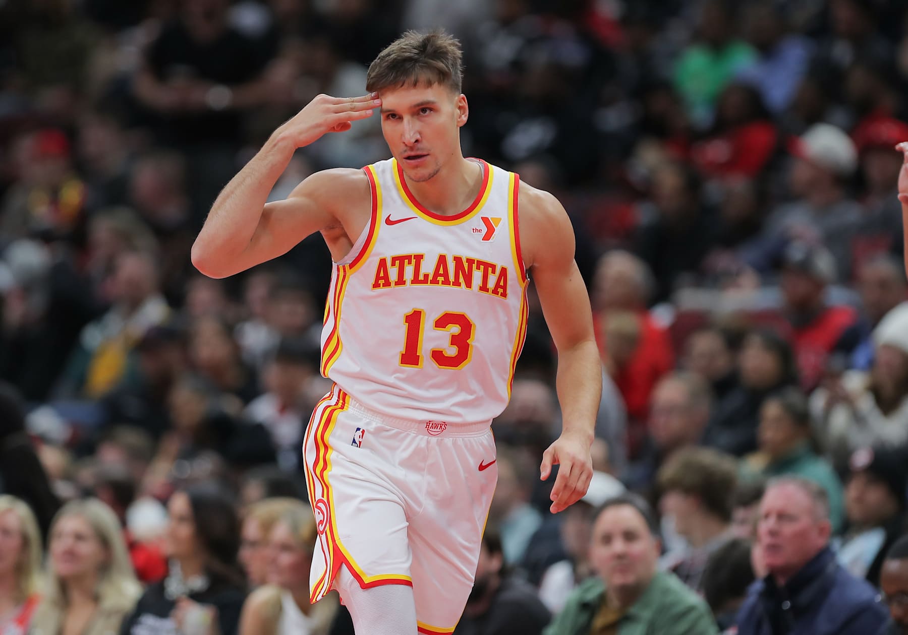 CHICAGO, IL - NOVEMBER 22: Bogdan Bogdanovic #13 of the Atlanta Hawks reacts after making a 3-point basket
during the second half of the NBA In-Season Tournament against the Chicago Bulls on November, 22, 2024 at the United Center in Chicago, Illinois. (Photo by Melissa Tamez/Icon Sportswire via Getty Images)
