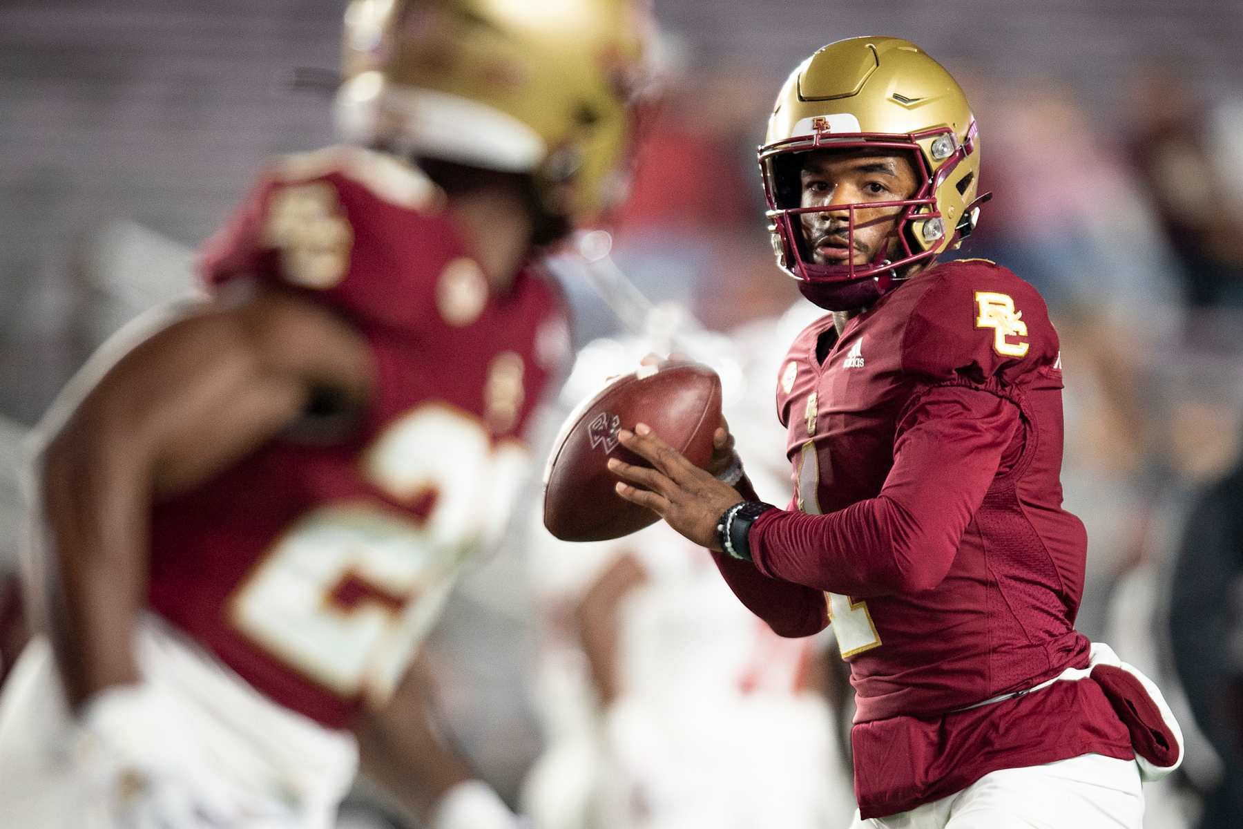 CHESTNUT HILL, MASSACHUSETTS - OCTOBER 25: Thomas Castellanos #1 of the Boston College Eagles throws as he warms up before a game against the Louisville Cardinals at Alumni Stadium on October 25, 2024 in Chestnut Hill, Massachusetts. (Photo by Maddie Malhotra/Getty Images)