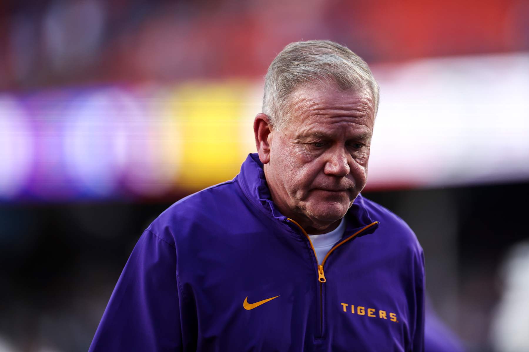 GAINESVILLE, FLORIDA - NOVEMBER 16: Head coach Brian Kelly of the LSU Tigers reacts during the 1st half of a game against the Florida Gators at Ben Hill Griffin Stadium on November 16, 2024 in Gainesville, Florida. (Photo by James Gilbert/Getty Images)