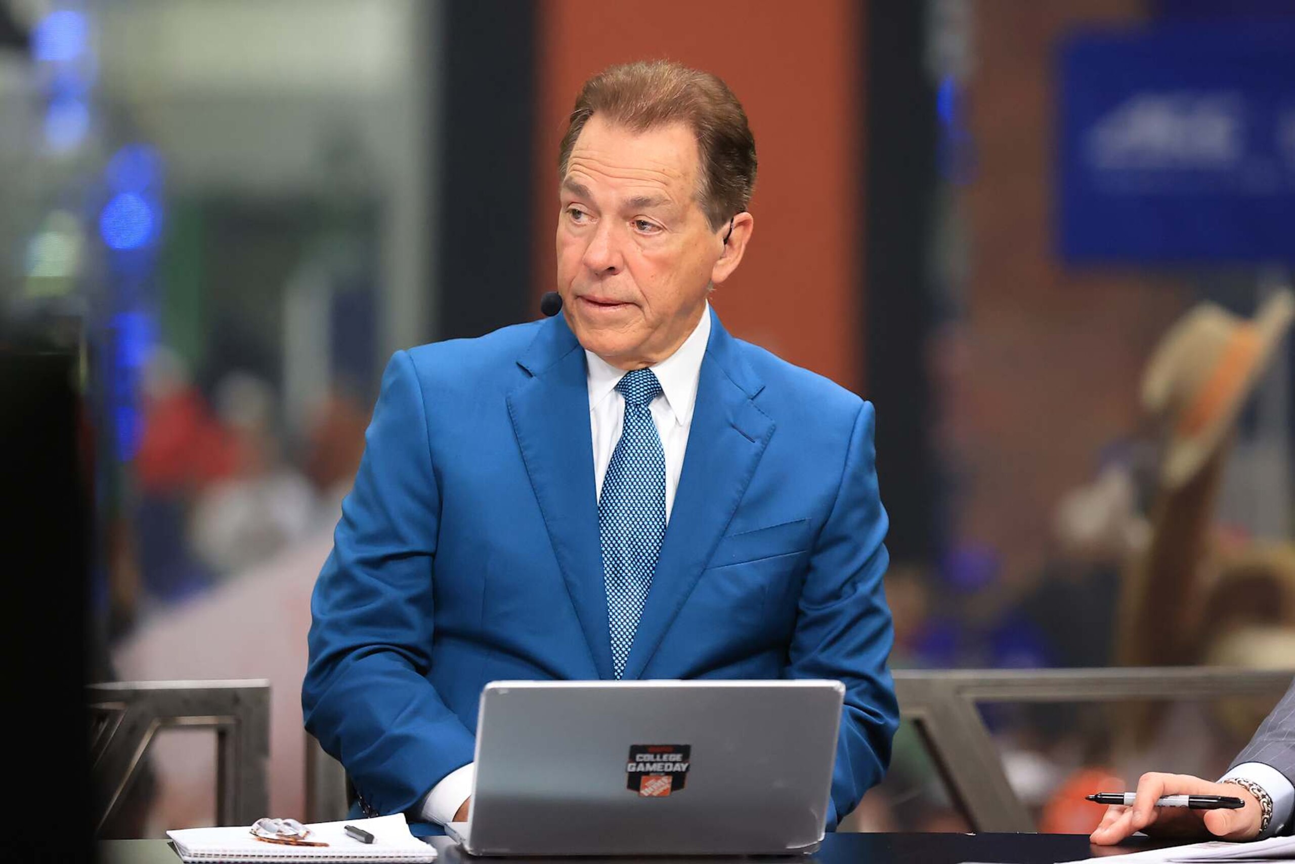 ATLANTA, GA - DECEMBER 07: Former coach and TV commentator Nick Saban before the SEC championship football game between the Georgia Bulldogs and the Texas Longhorns on December 7, 2024 at the Mercedes-Benz Stadium in Atlanta, Georgia.  (Photo by David J. Griffin/Icon Sportswire via Getty Images)