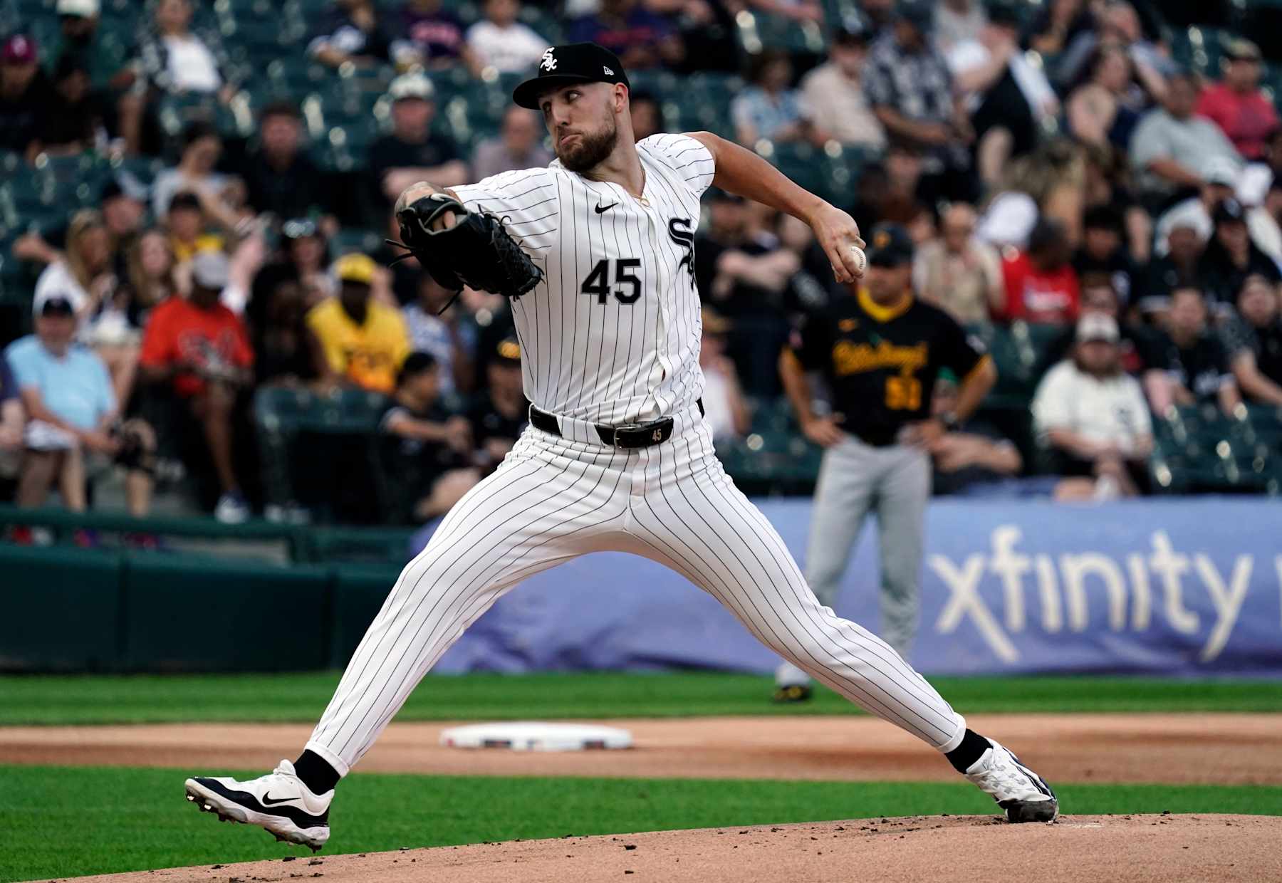 CHICAGO, ILLINOIS - JULY 12: Garrett Crochet #45 of the Chicago White Sox pitches against the Pittsburgh Pirates at Guaranteed Rate Field on July 12, 2024 in Chicago, Illinois. (Photo by Nuccio DiNuzzo/Getty Images)