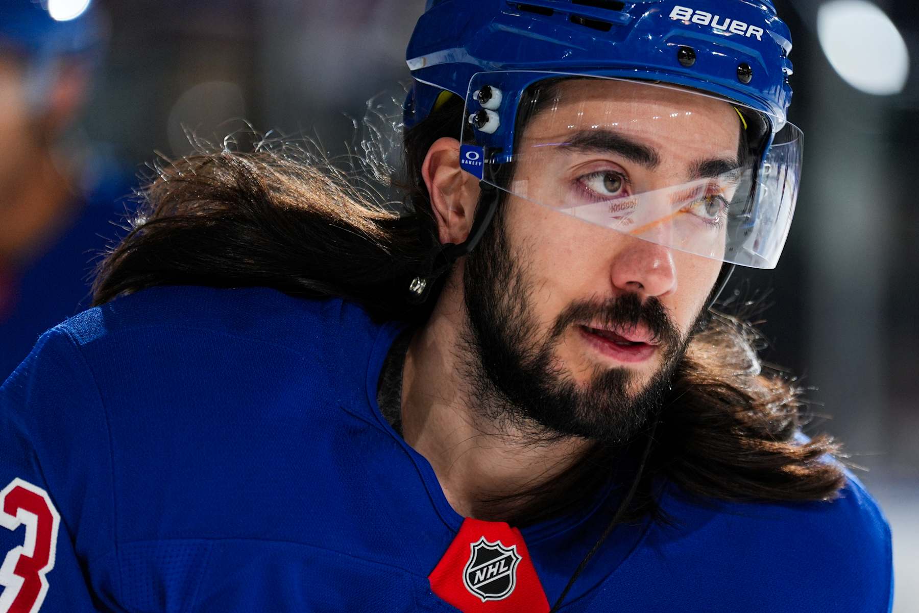 NEW YORK, NEW YORK - NOVEMBER 30: Mika Zibanejad #93 of the New York Rangers skates during warmups prior to the game against the Montreal Canadiens at Madison Square Garden on November 30, 2024 in New York City. (Photo by Jared Silber/NHLI via Getty Images)