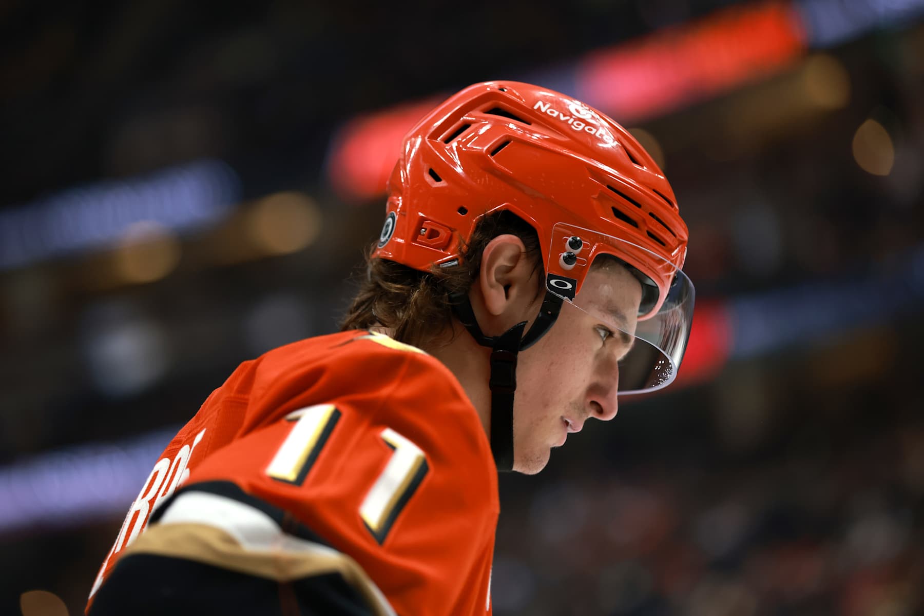 ANAHEIM, CALIFORNIA - DECEMBER 04: Trevor Zegras #11 of the Anaheim Ducks looks on in the first period during the game against the Vegas Golden Knights at Honda Center on December 04, 2024 in Anaheim, California. (Photo by Nicole Vasquez /NHLI via Getty Images)