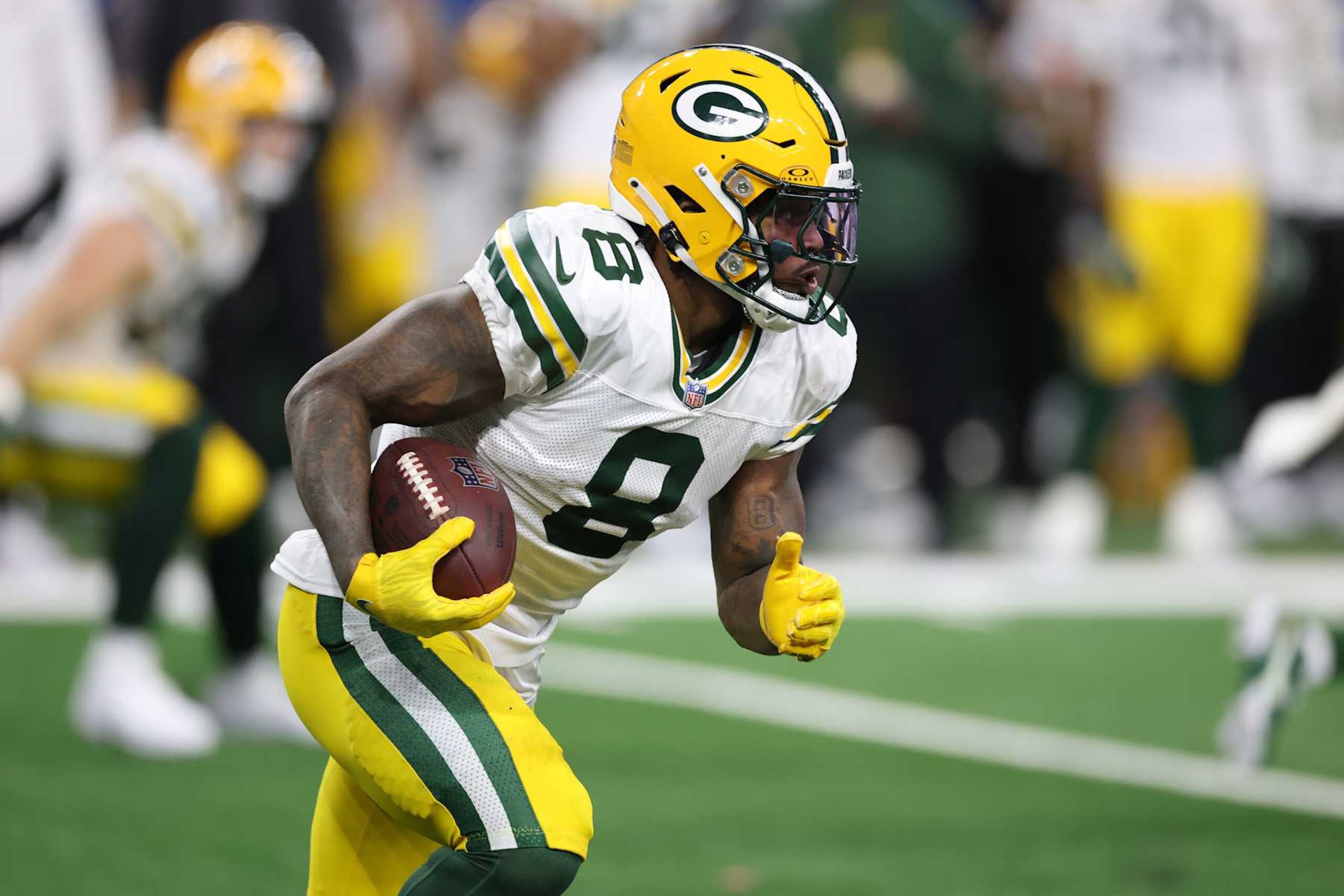 DETROIT, MICHIGAN - DECEMBER 05: Josh Jacobs #8 of the Green Bay Packers plays against the Detroit Lions at Ford Field on December 05, 2024 in Detroit, Michigan. (Photo by Gregory Shamus/Getty Images)