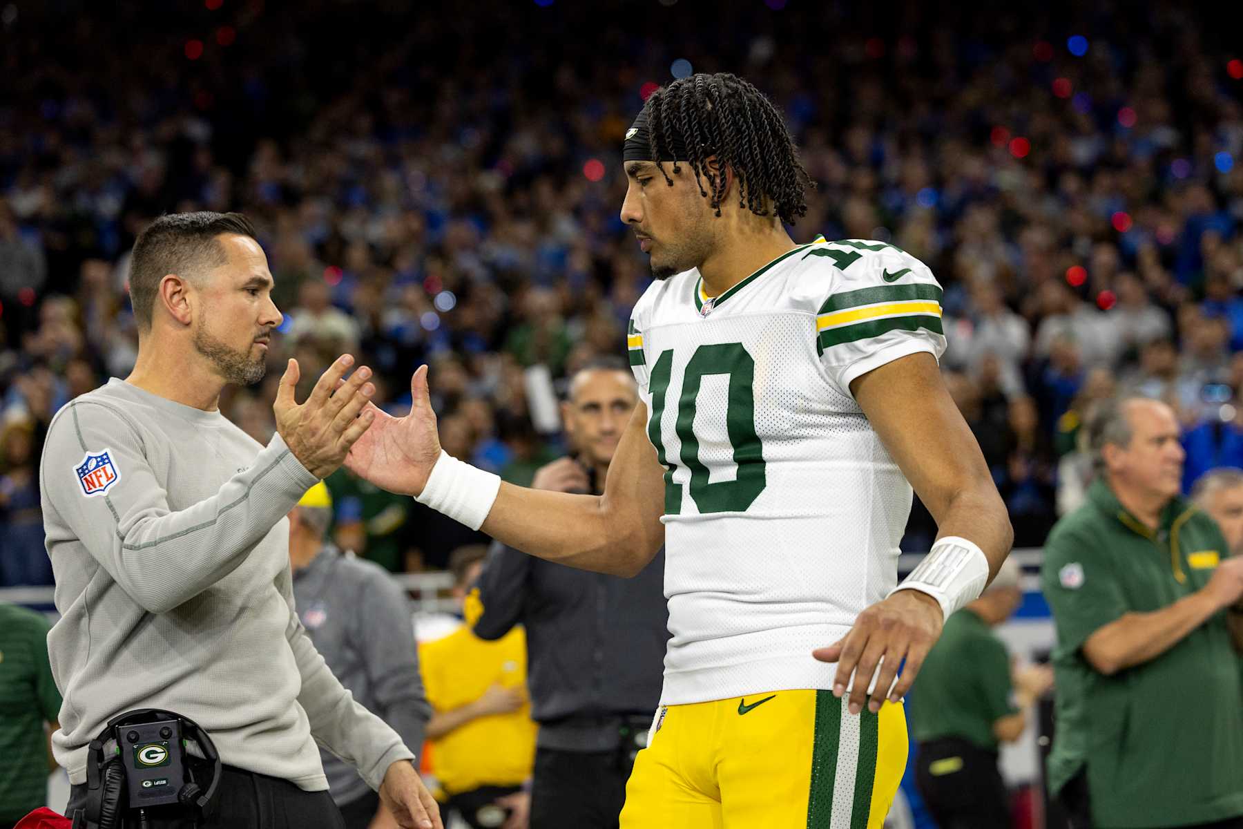 DETROIT, MICHIGAN - DECEMBER 5: Green Bay Packers head coach Matt LaFleur and Jordan Love #10 high five before the game against the Detroit Lions at Ford Field on December 5, 2024 in Detroit, Michigan. The Lions beat the Packers 34-31. (Photo by Lauren Leigh Bacho/Getty Images)