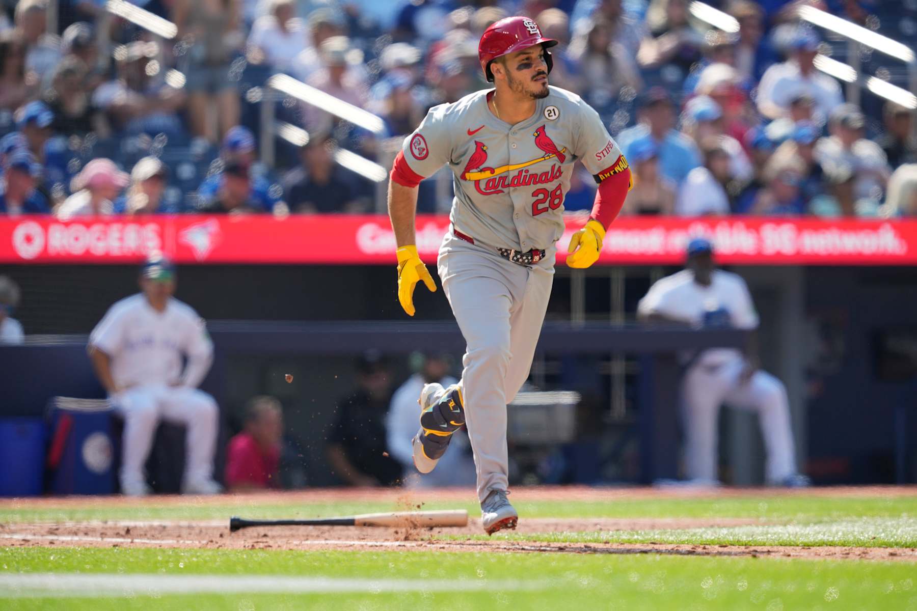 TORONTO, ON - SEPTEMBER 15: Nolan Arenado #28 of the St. Louis Cardinals hits a single against the Toronto Blue Jays during the sixth inning in their MLB game at the Rogers Centre on September 15, 2024 in Toronto, Ontario, Canada. (Photo by Mark Blinch/Getty Images)