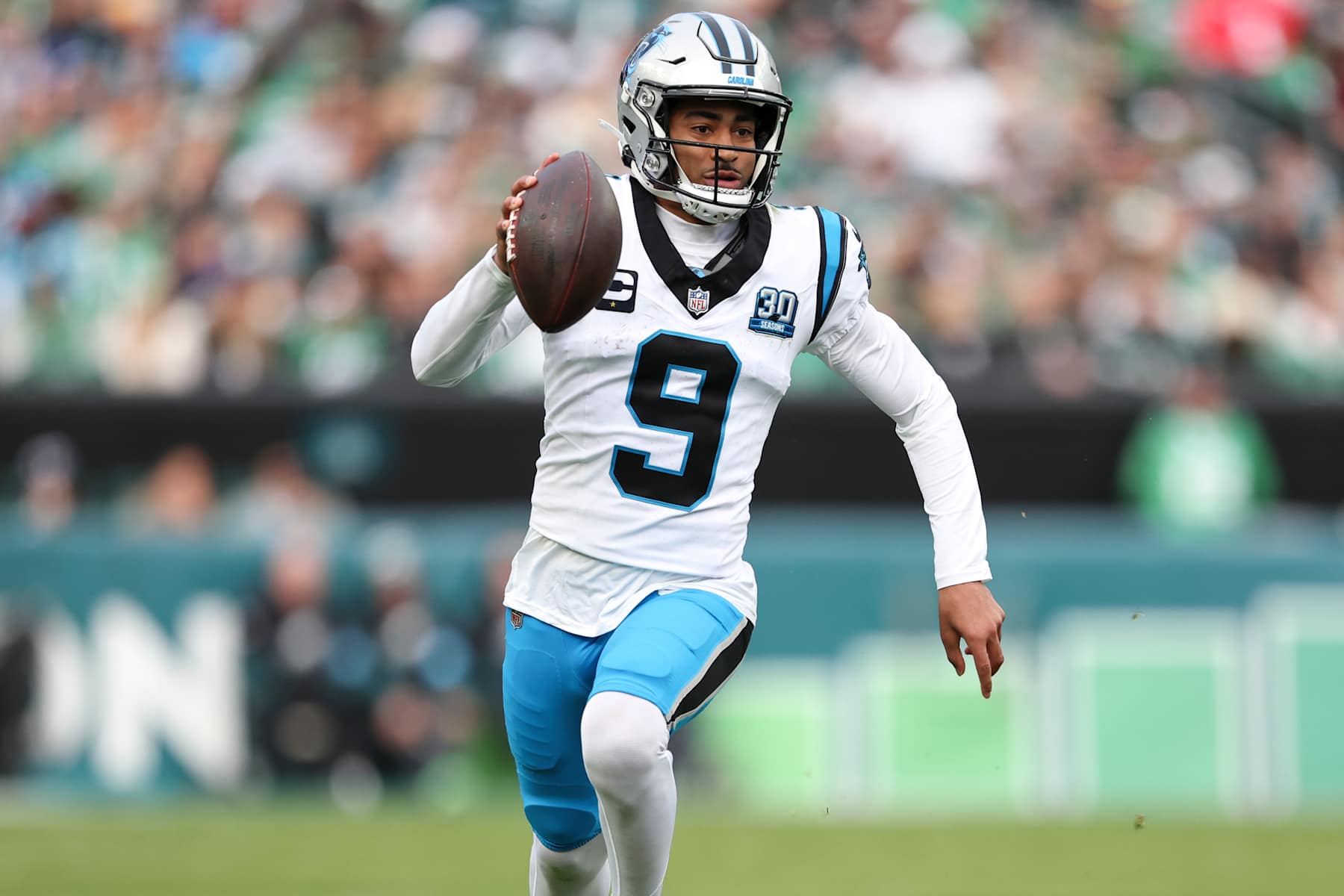 PHILADELPHIA, PENNSYLVANIA - DECEMBER 08: Bryce Young #9 of the Carolina Panthers looks to throw a pass during a game against the Philadelphia Eagles at Lincoln Financial Field on December 08, 2024, in Philadelphia, Pennsylvania. The Eagles defeated the Panthers 22-16. (Kara Durrette/Getty Images)