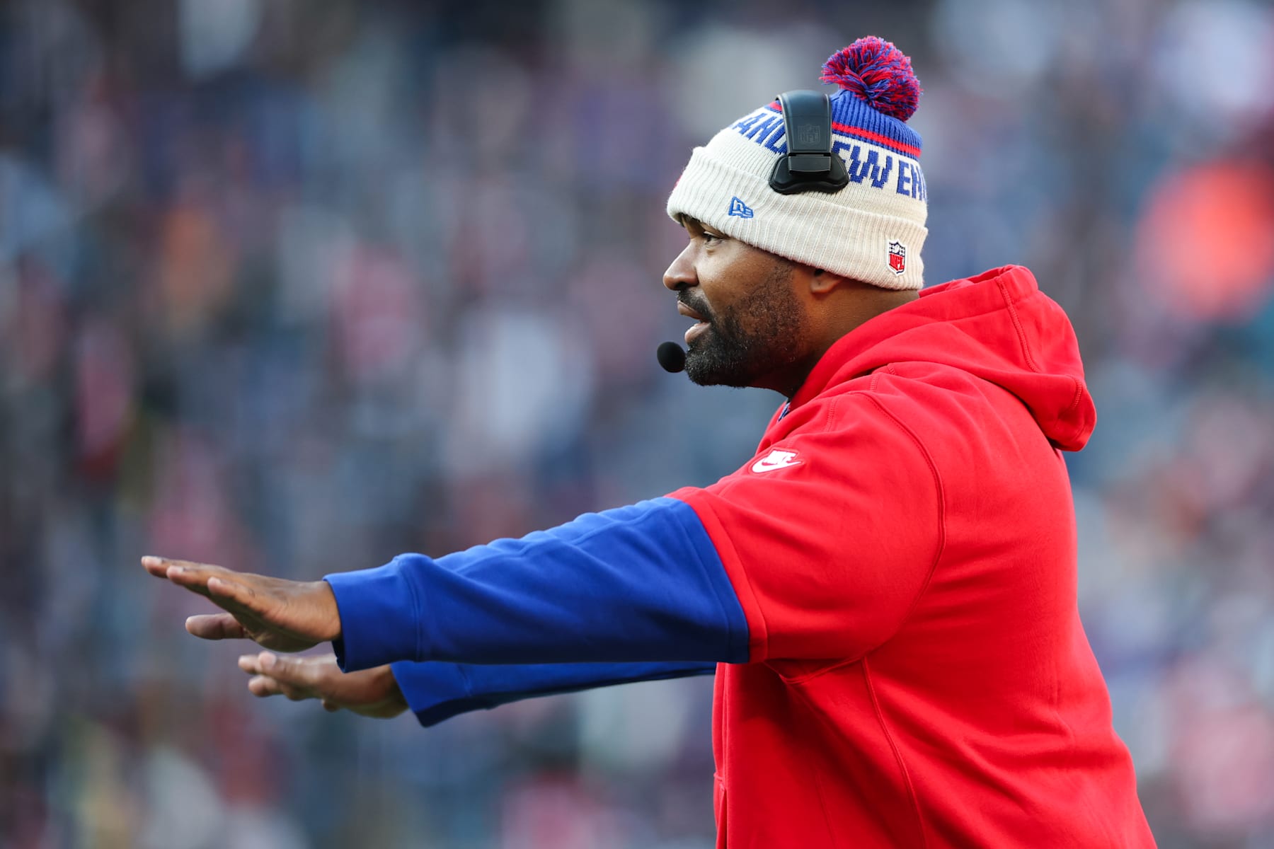 FOXBOROUGH, MASSACHUSETTS - DECEMBER 1: Jerod Mayo, head coach of the New England Patriots stands on the sidelines during the second quarter against the Indianapolis Colts at Gillette Stadium on December 1, 2024 in Foxborough, Massachusetts. (Photo by Kathryn Riley/Getty Images)