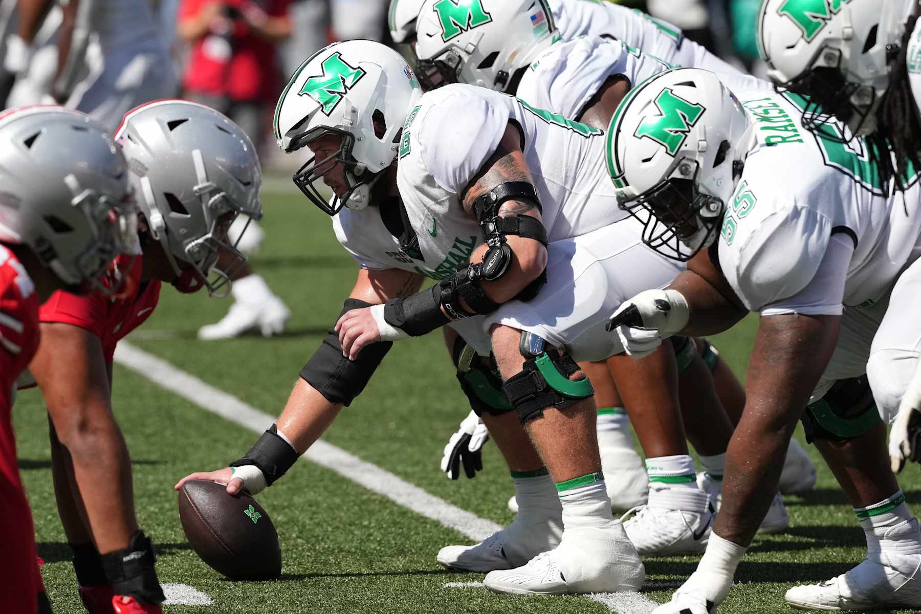 COLUMBUS, OHIO - SEPTEMBER 21: Offensive lineman Logan Osburn #65 of the Marshall Thundering Herd lines up during the game Ohio State Buckeyes at Ohio Stadium on September 21, 2024 in Columbus, Ohio. (Photo by Jason Mowry/Getty Images)