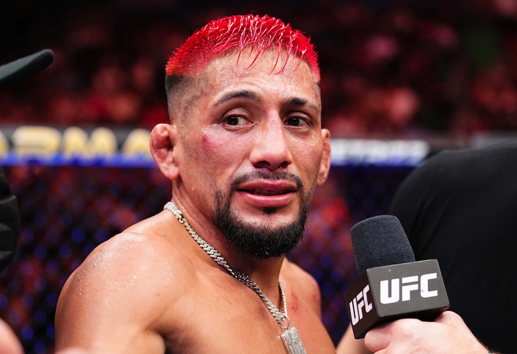 TAMPA, FLORIDA - DECEMBER 14: Daniel Marcos of Peru reacts after a split-decision victory against Adrian Yanez in a bantamweight fight during the UFC Fight Night event at Amalie Arena on December 14, 2024 in Tampa, Florida. (Photo by Chris Unger/Zuffa LLC)