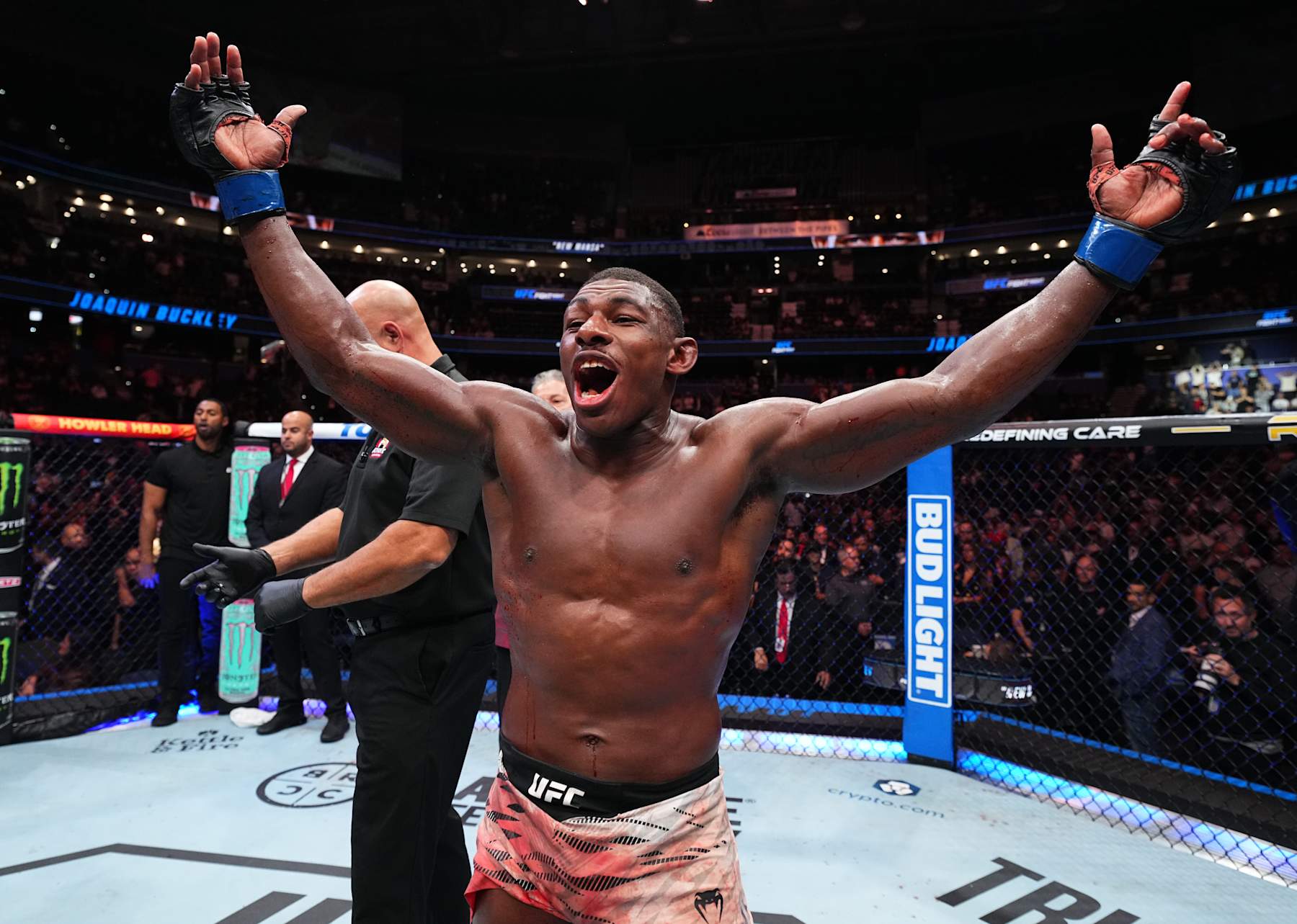 TAMPA, FLORIDA - DECEMBER 14: Joaquin Buckley reacts after a TKO victory against Colby Covington in a welterweight fight during the UFC Fight Night event at Amalie Arena on December 14, 2024 in Tampa, Florida. (Photo by Chris Unger/Zuffa LLC)
