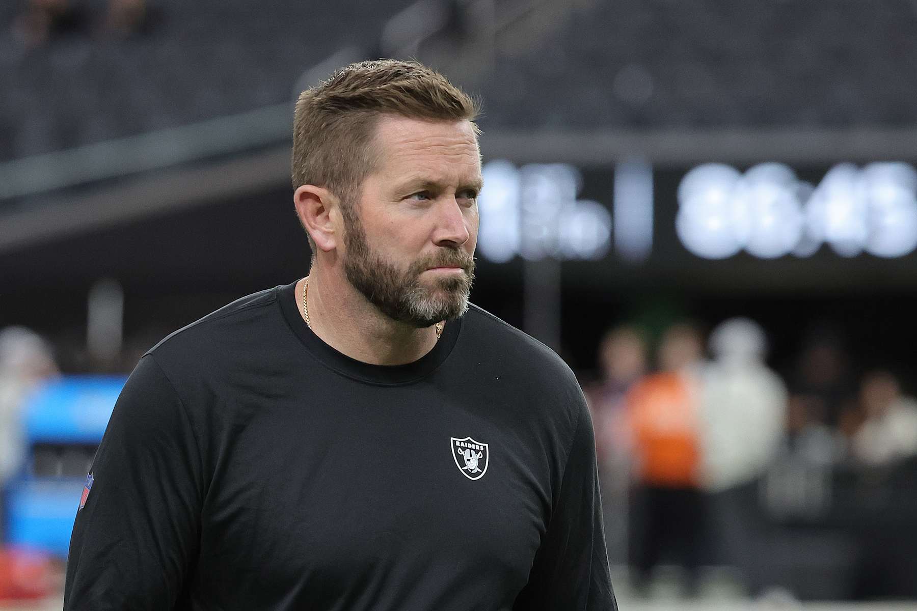 LAS VEGAS, NEVADA - NOVEMBER 24: Interim offensive coordinator Scott Turner of the Las Vegas Raiders looks on during warmups before a game against the Denver Broncos at Allegiant Stadium on November 24, 2024 in Las Vegas, Nevada. (Photo by Ethan Miller/Getty Images)