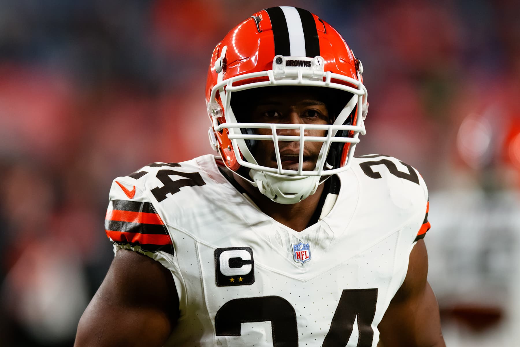 DENVER, CO - DECEMBER 2:  Running back Nick Chubb #24 of the Cleveland Browns looks on while warming up against the Denver Broncos at Empower Field at Mile High on December 2, 2024 in Denver, Colorado. (Photo by Justin Edmonds/Getty Images)