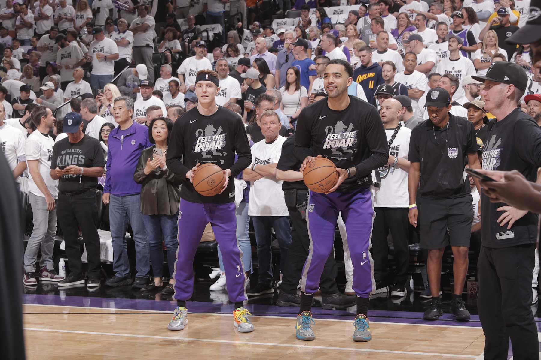 SACRAMENTO, CA - APRIL 30: Trey Lyles #41 and Kevin Huerter #9 of the Sacramento Kings warm up during Round One Game Seven of the 2023 NBA Playoffs on April 30, 2023 at Golden 1 Center in Sacramento, California. NOTE TO USER: User expressly acknowledges and agrees that, by downloading and or using this Photograph, user is consenting to the terms and conditions of the Getty Images License Agreement. Mandatory Copyright Notice: Copyright 2023 NBAE (Photo by Rocky Widner/NBAE via Getty Images)