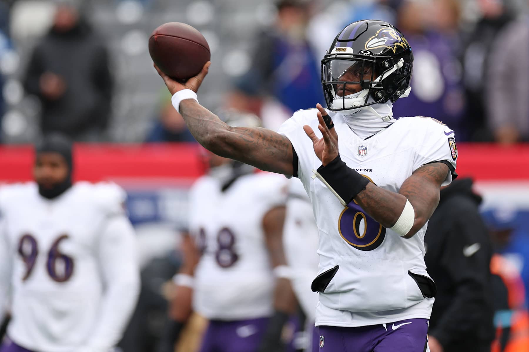 EAST RUTHERFORD, NEW JERSEY - DECEMBER 15: Lamar Jackson #8 of the Baltimore Ravens warms up prior to a game against the New York Giants at MetLife Stadium on December 15, 2024 in East Rutherford, New Jersey. (Photo by Luke Hales/Getty Images)