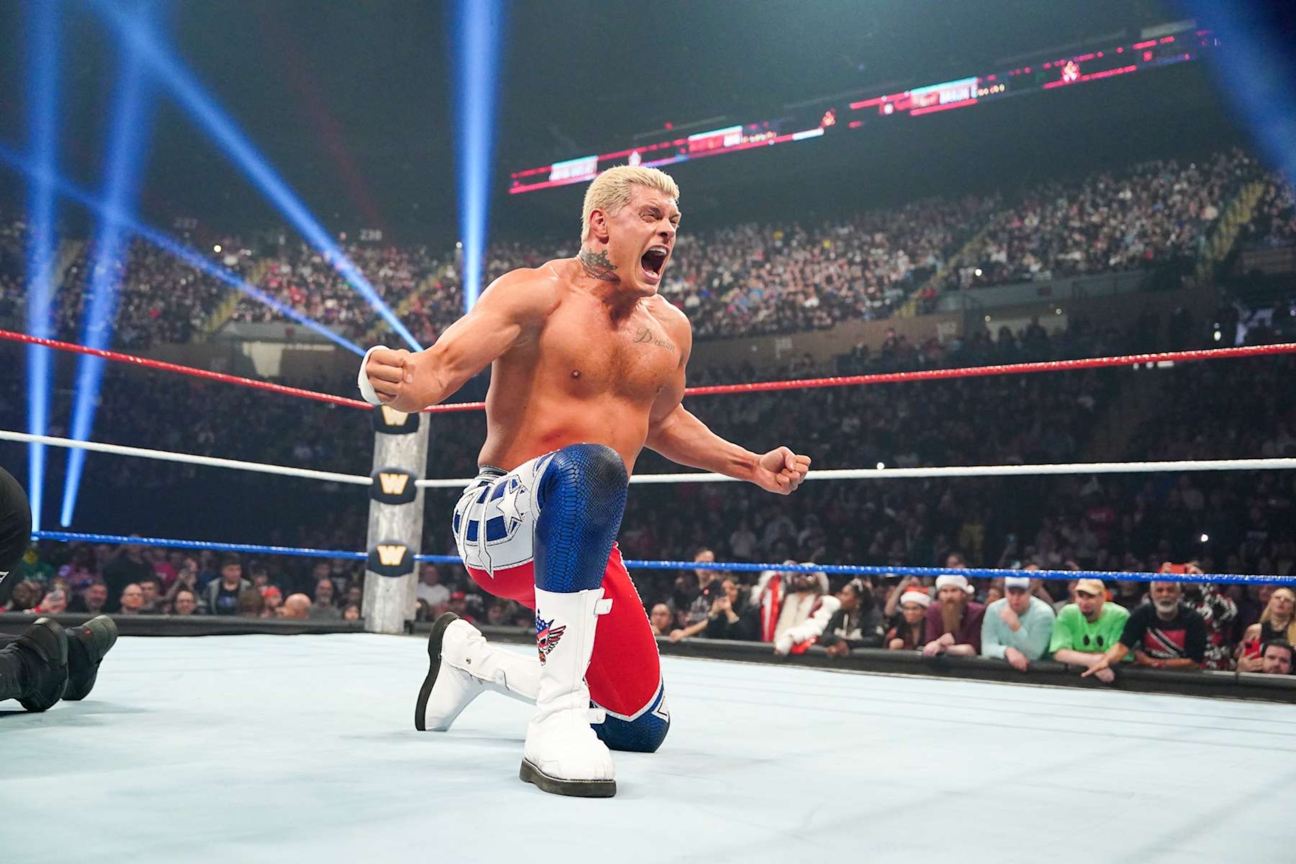 UNIONDALE, NEW YORK - DECEMBER 14: Cody Rhodes Celebrating Victory against Kevin Owens during Saturday Night Main Event at Nassau Veterans Memorial Coliseum on December 14, 2024 in Uniondale, New York.  (Photo by WWE/Getty Images)