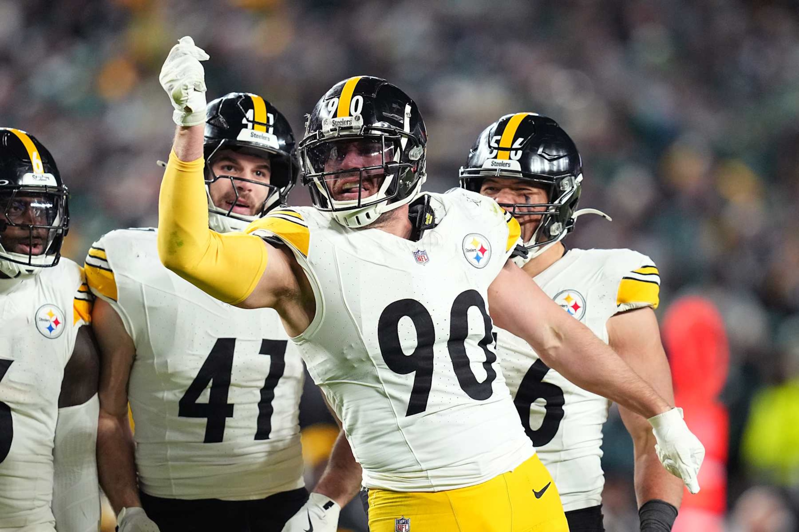 PHILADELPHIA, PENNSYLVANIA - DECEMBER 15: T.J. Watt #90 of the Pittsburgh Steelers reacts after a sack against the Philadelphia Eagles during the second quarter at Lincoln Financial Field on December 15, 2024 in Philadelphia, Pennsylvania. (Photo by Mitchell Leff/Getty Images)
