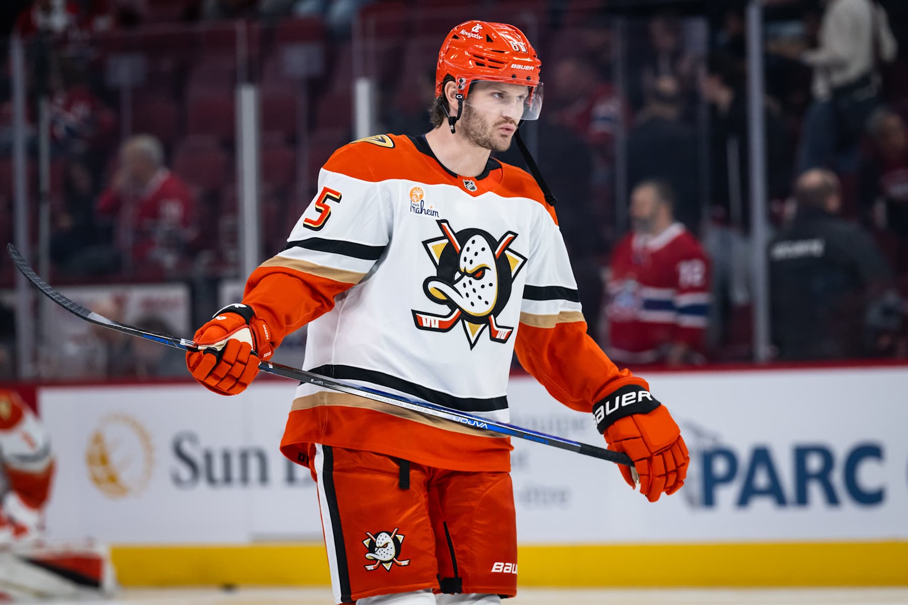 MONTREAL, QC - DECEMBER 09: Jacob Trouba (65) of the Anaheim Ducks looks on during the warmup period of the NHL game between the Anaheim Ducks and the Montreal Canadiens on Dec 09 2024, at the Bell Centre in Montreal, QC(Photo by Vincent Ethier/Icon Sportswire via Getty Images)