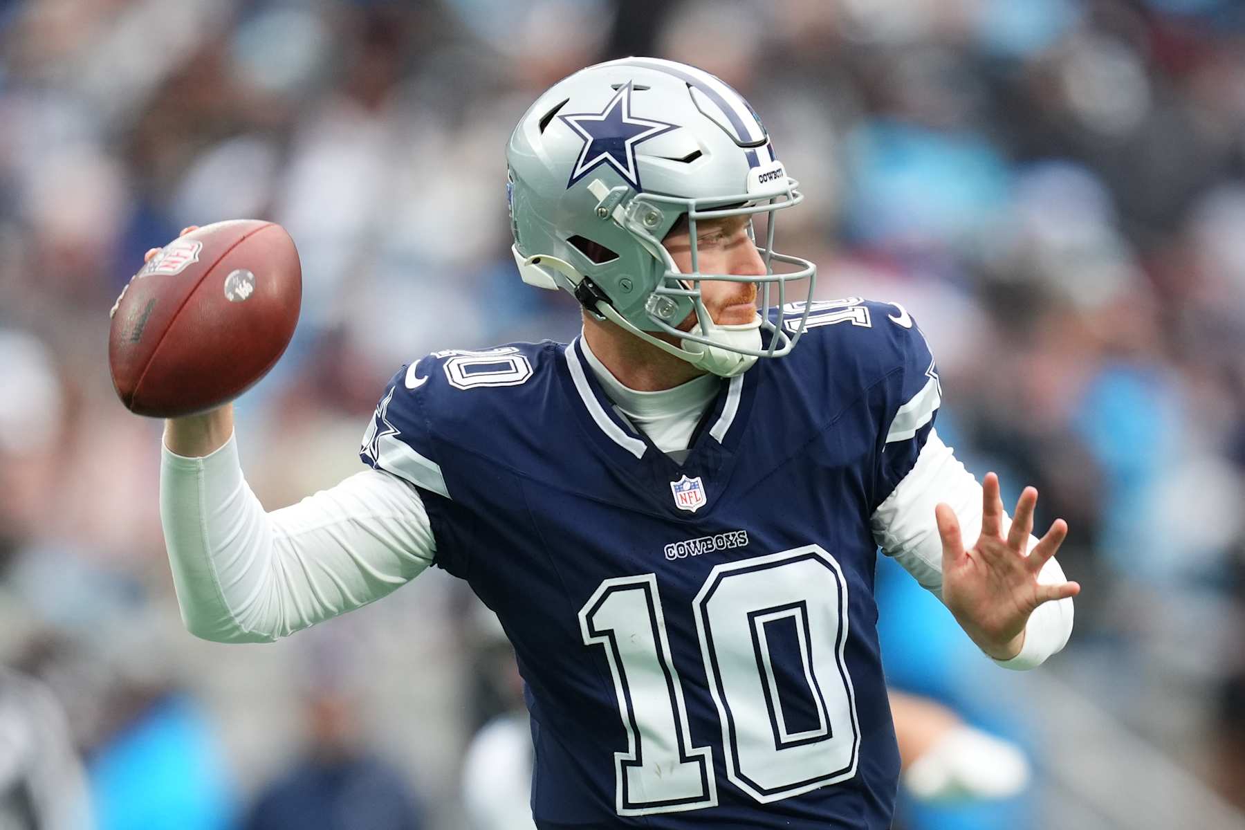 CHARLOTTE, NORTH CAROLINA - DECEMBER 15: Cooper Rush #10 of the Dallas Cowboys looks to pass against the Carolina Panthers during the second quarter at Bank of America Stadium on December 15, 2024 in Charlotte, North Carolina. (Photo by Grant Halverson/Getty Images)