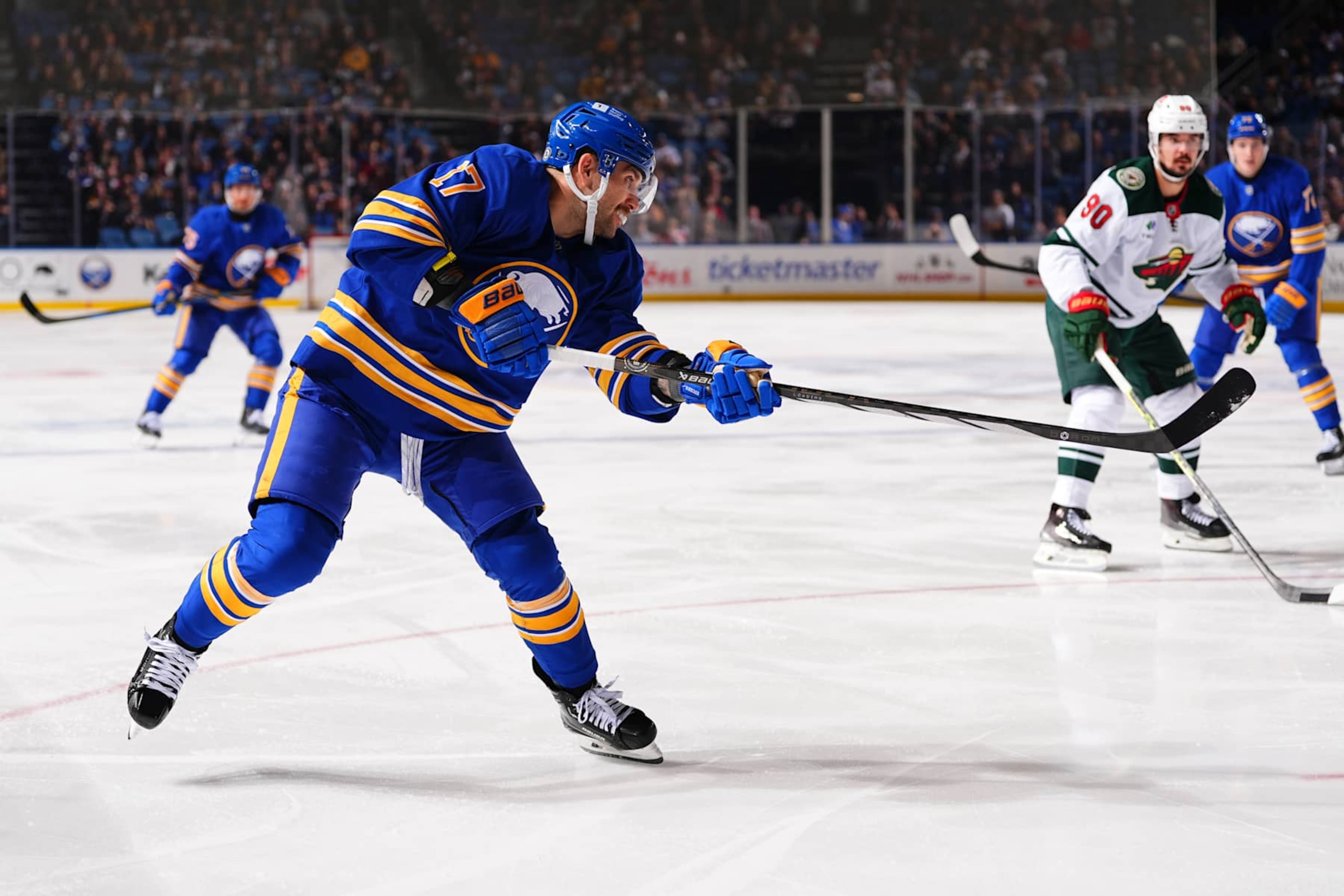 BUFFALO, NEW YORK - NOVEMBER 27:  Jason Zucker #17 of the Buffalo Sabres shoots the puck during the second period of an NHL game against the Minnesota Wild on November 27, 2024 at KeyBank Center in Buffalo, New York. (Photo by Ben Ludeman/NHLI via Getty Images)