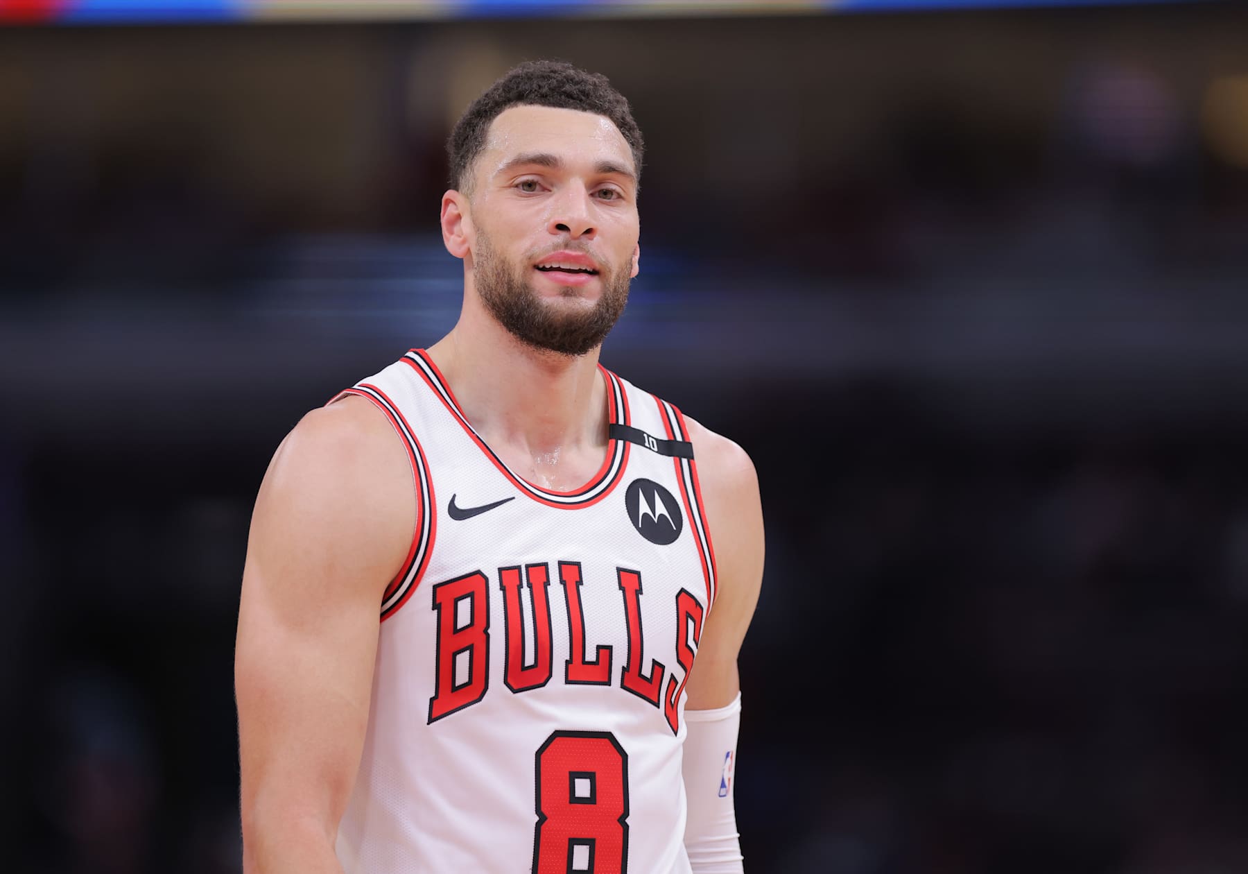 CHICAGO, IL - DECEMBER 08: Zach LaVine #8 of the Chicago Bulls looks on during the first half against the Philadelphia 76ers on December 8, 2024 at the United Center in Chicago, Illinois. (Photo by Melissa Tamez/Icon Sportswire via Getty Images)