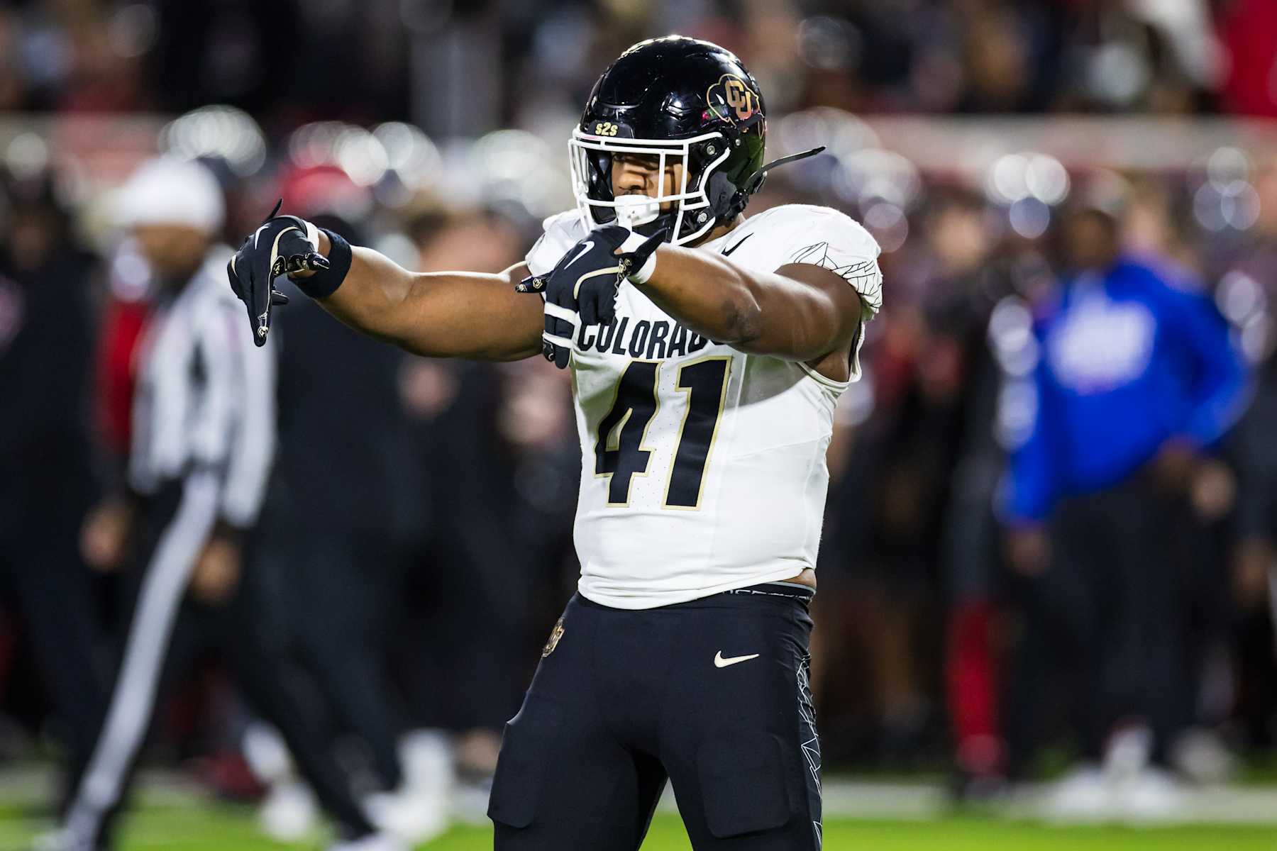 LUBBOCK, TEXAS - NOVEMBER 09: Nikhai Hill-Green #41 of the Colorado Buffaloes gestures after an interception during the second half of the game against the Texas Tech Red Raiders at Jones AT&T Stadium on November 09, 2024 in Lubbock, Texas. (Photo by John E. Moore III/Getty Images)