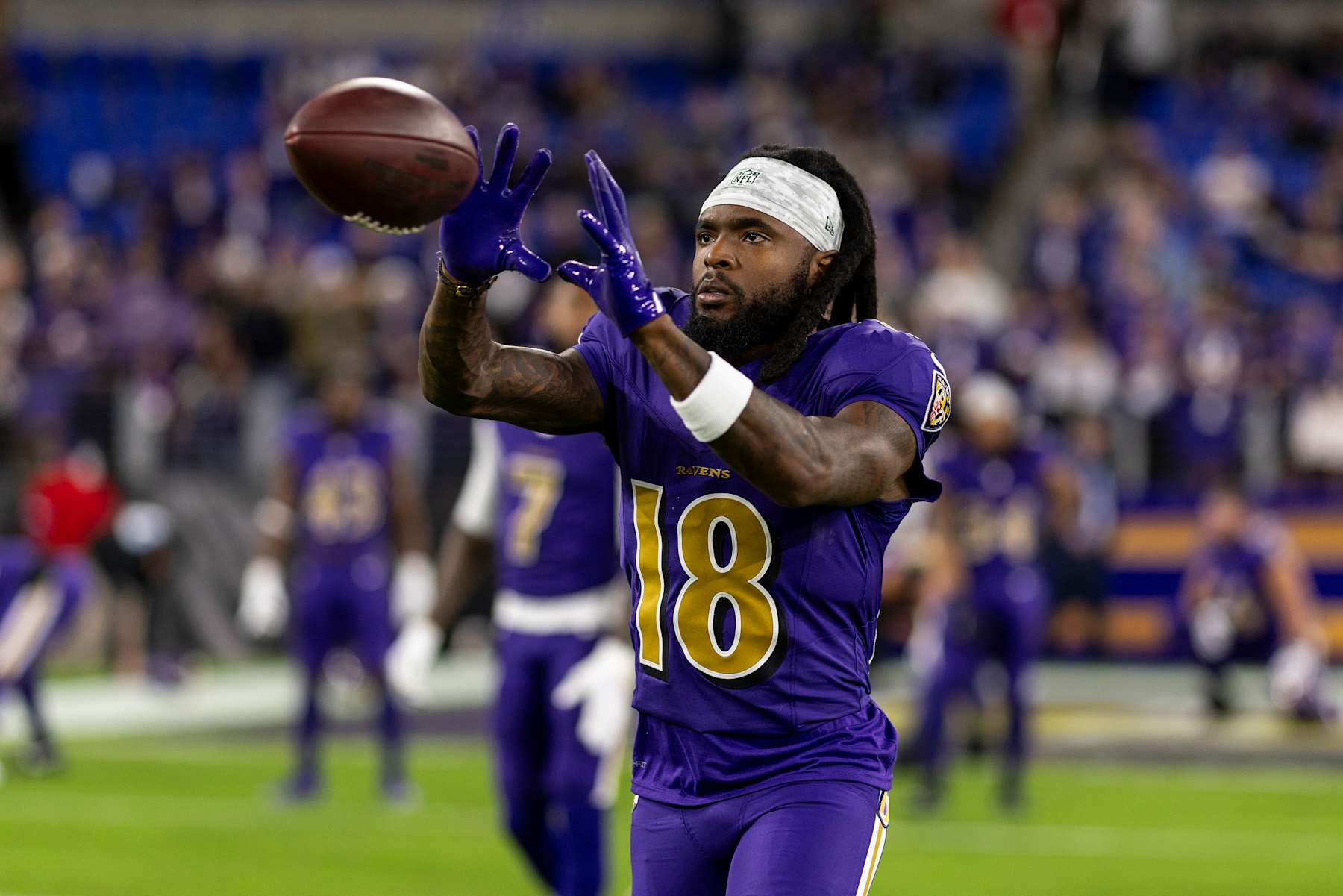 BALTIMORE, MARYLAND - NOVEMBER 7: Diontae Johnson #18 of the Baltimore Ravens completes a catch prior to an NFL Football game against the Cincinnati Bengals at M&T Bank Stadium on November 07, 2024 in Baltimore, Maryland. (Photo by Michael Owens/Getty Images)