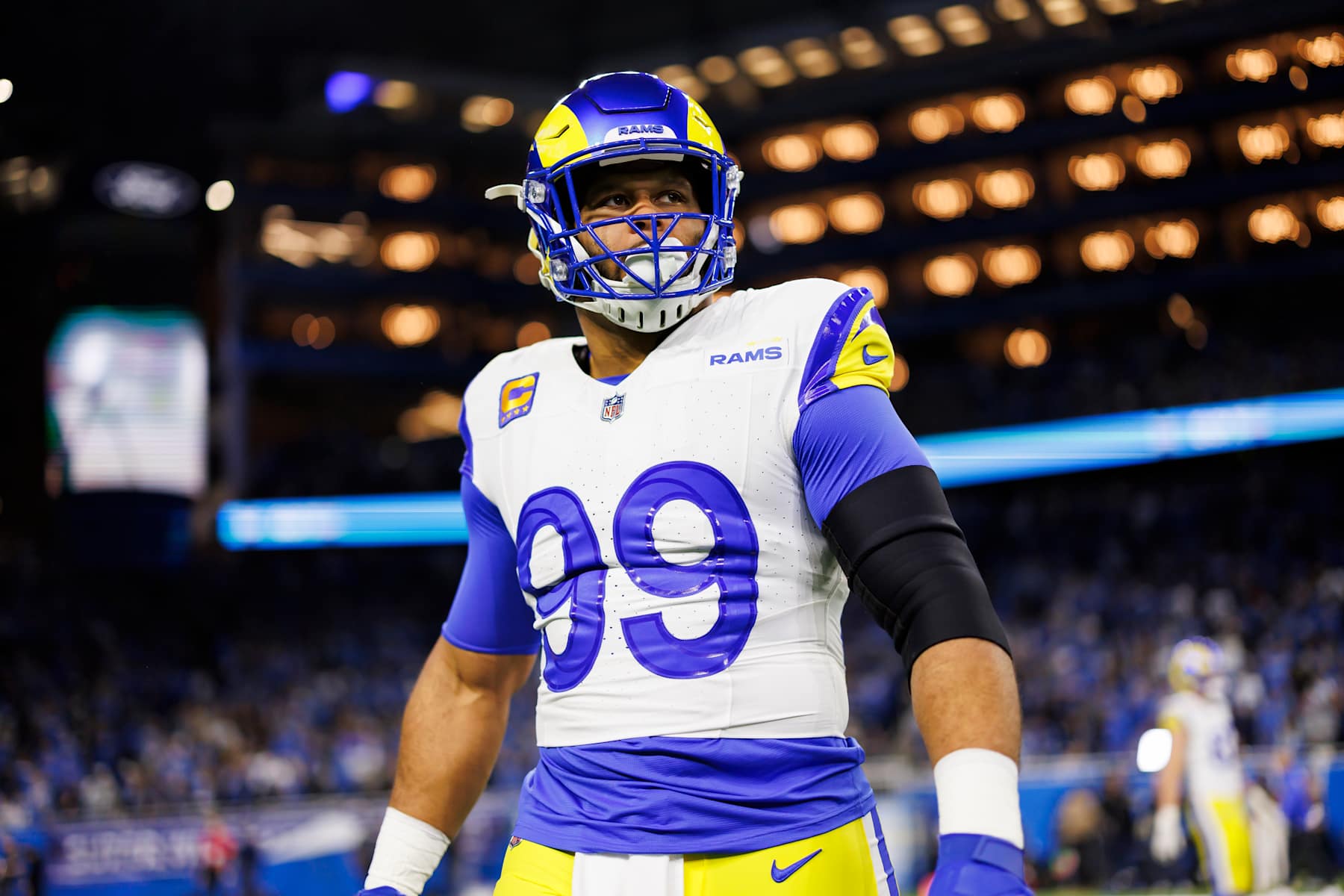 DETROIT, MICHIGAN - JANUARY 14: Aaron Donald #99 of the Los Angeles Rams looks on during pregame warmups prior to an NFC Wild Card Playoff football game against the Detroit Lions at Ford Field on January 14, 2024 in Detroit, Michigan. (Photo by Ryan Kang/Getty Images)