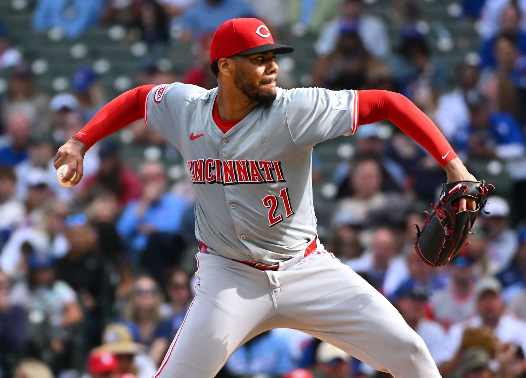 CHICAGO, ILLINOIS - SEPTEMBER 29: Hunter Greene #21 of the Cincinnati Reds throws a pitch during the fourth inning of a game against the Chicago Cubs at Wrigley Field on September 29, 2024 in Chicago, Illinois. (Photo by Nuccio DiNuzzo/Getty Images)