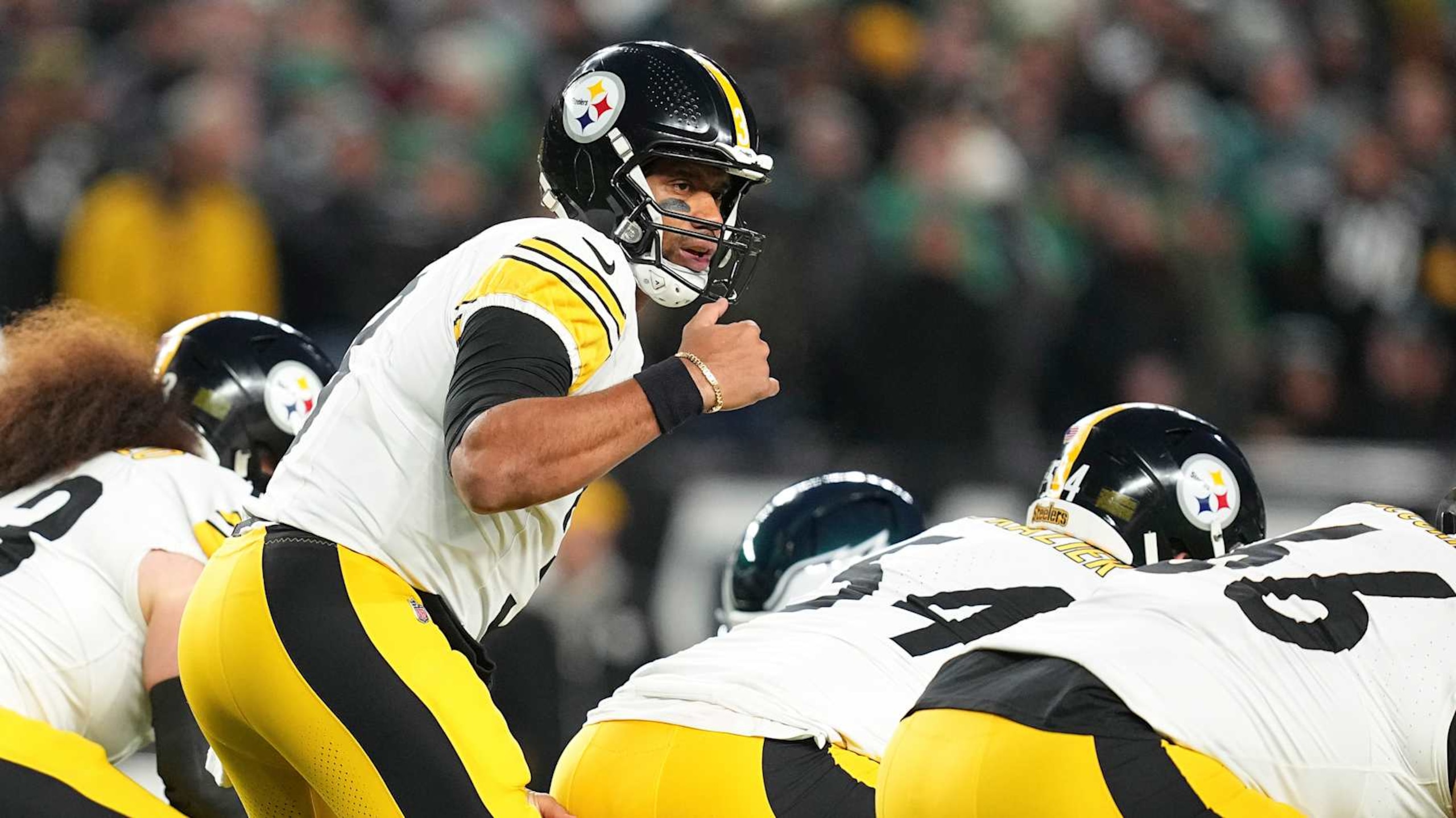 PHILADELPHIA, PENNSYLVANIA - DECEMBER 15: Russell Wilson #3 of the Pittsburgh Steelers looks on against the Philadelphia Eagles at Lincoln Financial Field on December 15, 2024 in Philadelphia, Pennsylvania. (Photo by Mitchell Leff/Getty Images)