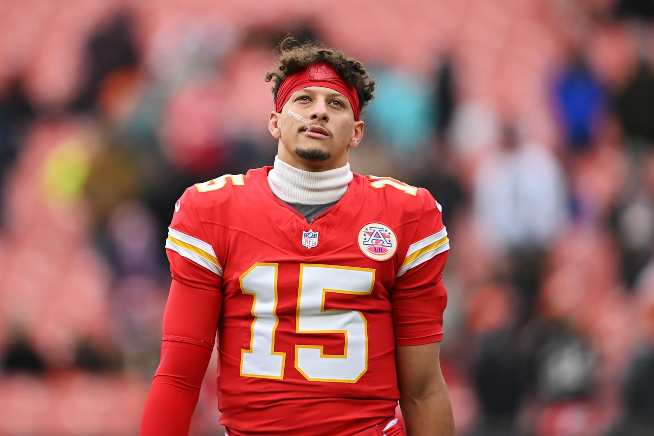 CLEVELAND, OHIO - DECEMBER 15: Patrick Mahomes #15 of the Kansas City Chiefs looks on before the game against the Cleveland Browns at Huntington Bank Field on December 15, 2024 in Cleveland, Ohio. (Photo by Nick Cammett/Getty Images)