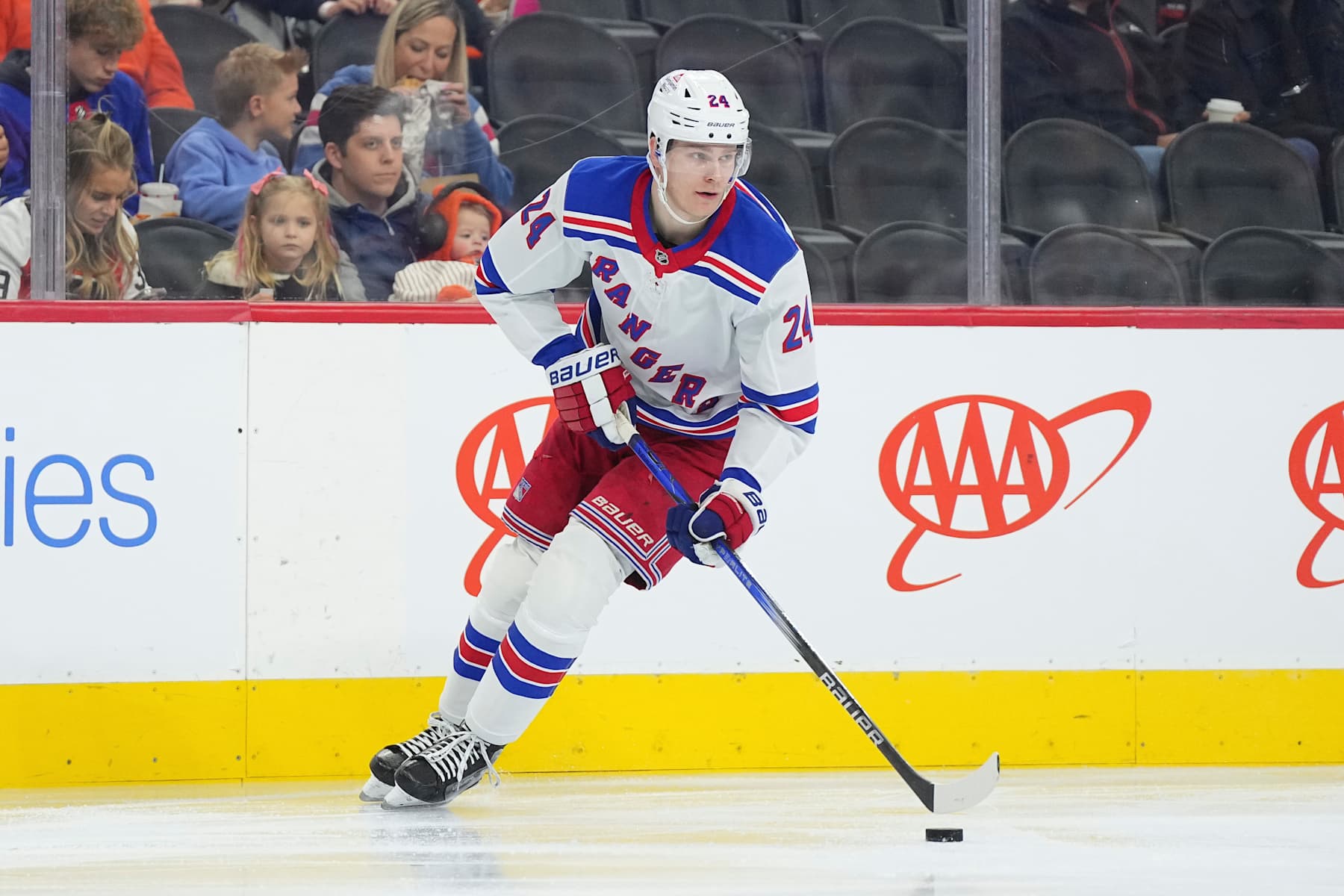 PHILADELPHIA, PENNSYLVANIA - NOVEMBER 29: Kaapo Kakko #24 of the New York Rangers controls the puck against the Philadelphia Flyers at the Wells Fargo Center on November 29, 2024 in Philadelphia, Pennsylvania. The Flyers defeated the Rangers 3-1. (Photo by Mitchell Leff/Getty Images)